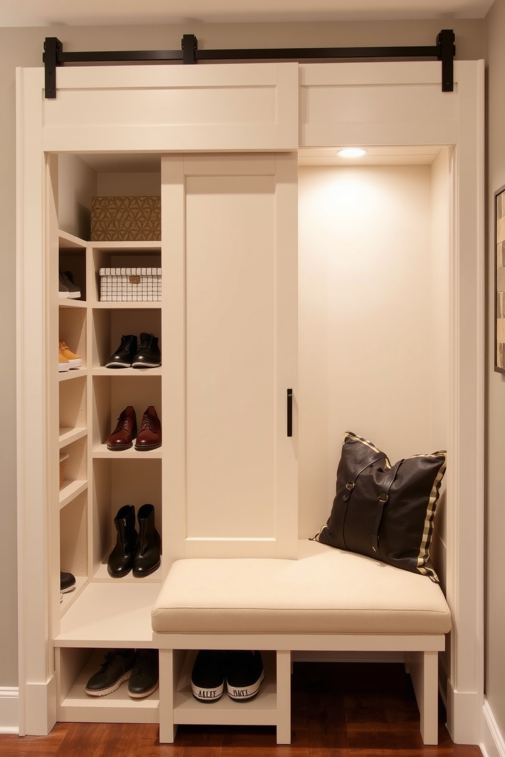 A stylish mudroom island features built-in seating with plush cushions and ample storage beneath for shoes and bags. The island is surrounded by custom cubbies that provide organized space for coats and accessories, with a warm wood finish that complements the overall decor. The cubby design incorporates open shelves for easy access and decorative baskets for additional storage. A soft area rug adds comfort underfoot, while hooks on the wall provide a practical solution for hanging outerwear.