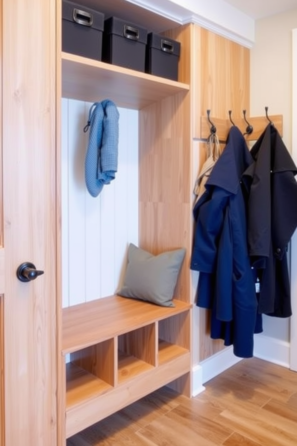 A functional mudroom featuring vertical storage solutions to maximize space efficiency. The design includes tall cubbies with hooks for coats and a bench for seating, all in a warm wood finish.