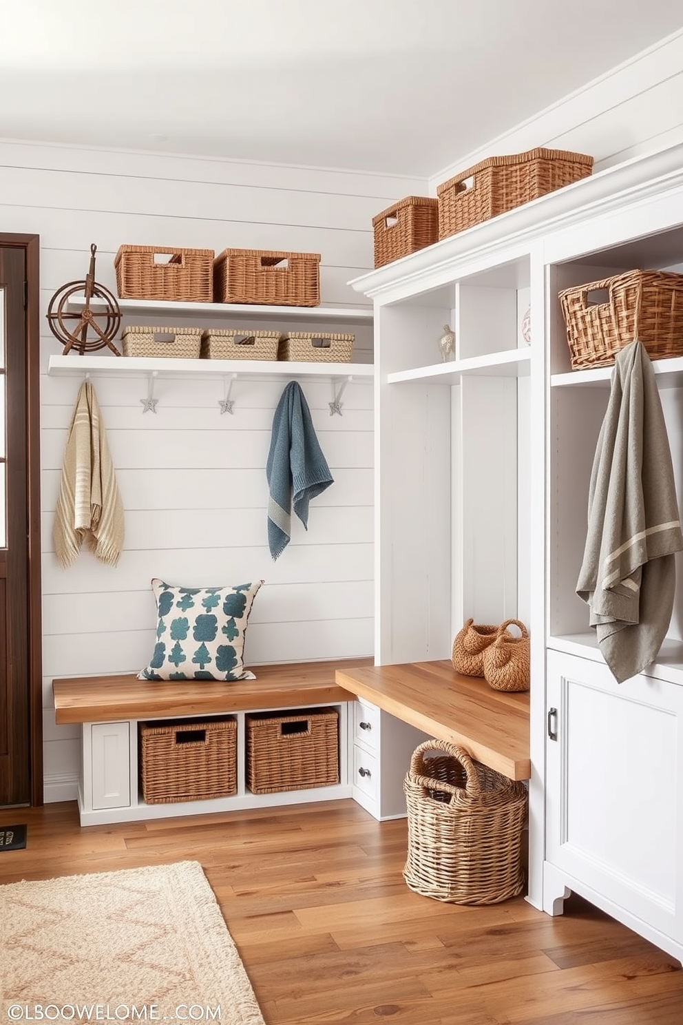 A welcoming mudroom features natural wood accents that create a warm and inviting atmosphere. The space includes built-in wooden benches and shelves, complemented by hooks for hanging coats and bags. The walls are painted in a soft cream color to enhance the natural light. A durable tile floor in earthy tones adds practicality while maintaining a stylish look.