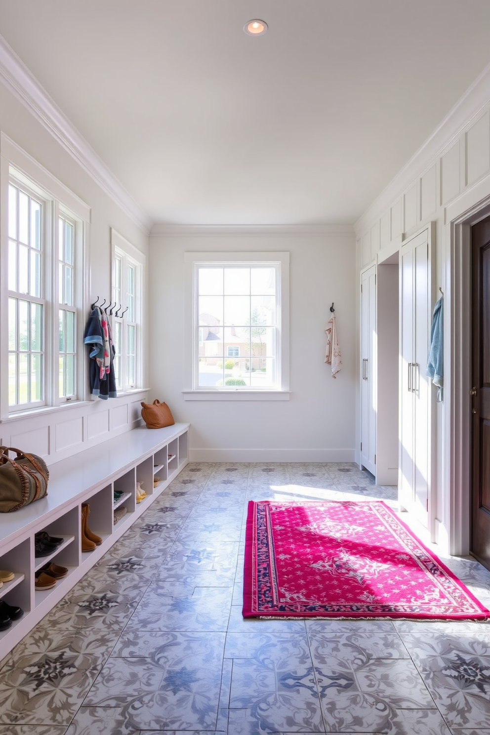 A bright and inviting mudroom features ample natural light streaming through large windows. The walls are painted in a crisp white, and the floor is adorned with durable, patterned tiles that can withstand heavy foot traffic. Custom built-in storage benches line one side, providing seating and space for shoes and bags. A series of hooks above the bench hold jackets and hats, while a vibrant area rug adds warmth and color to the space.