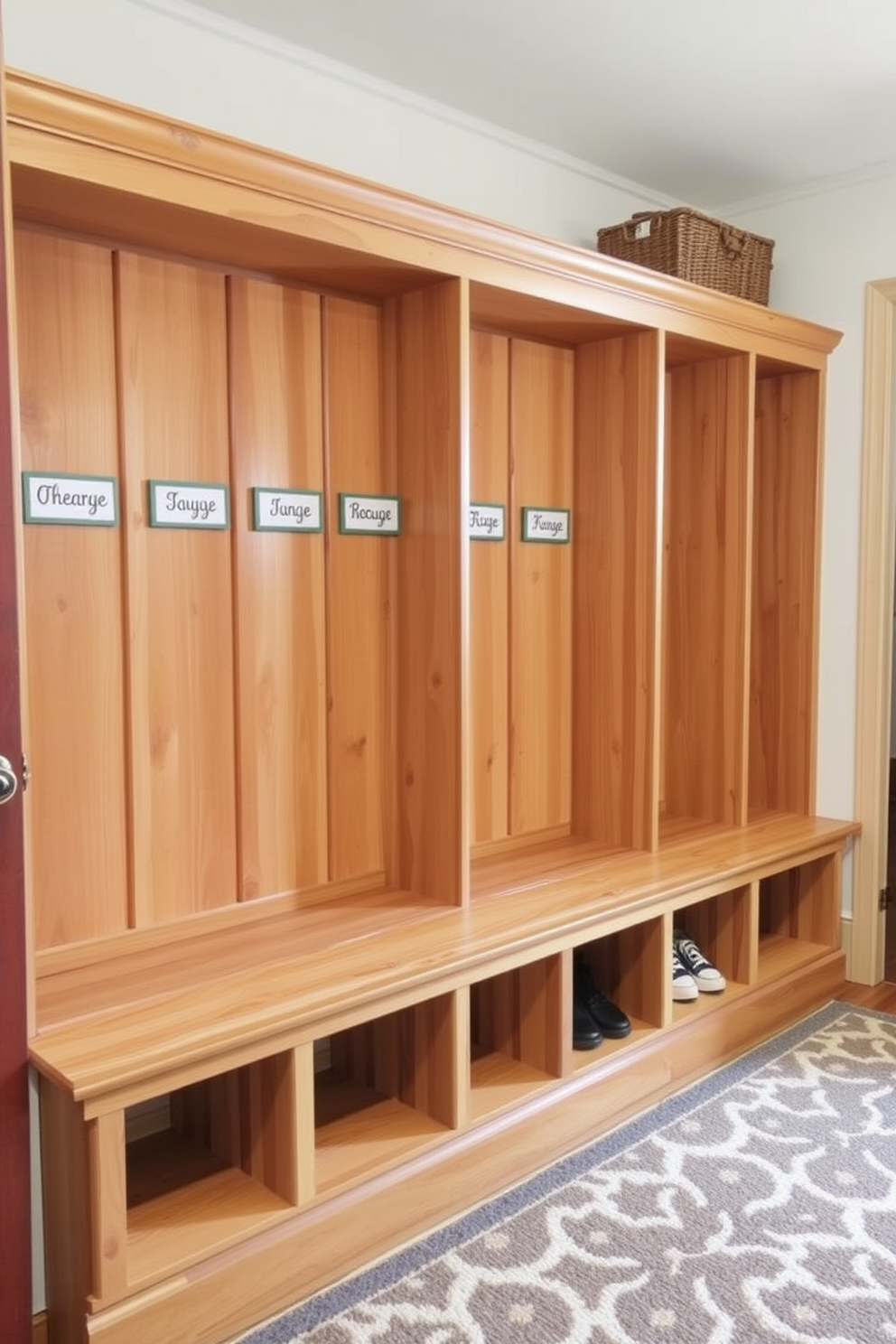 Personalized name tags are affixed to each cubby in a well-organized mudroom. The cubbies are crafted from natural wood with a warm finish, providing a welcoming and functional space for family members to store their belongings. The walls are painted in a soft, neutral tone that complements the wood and enhances the overall brightness of the room. A durable, patterned rug lies on the floor, adding texture and warmth while providing a practical solution for muddy shoes.