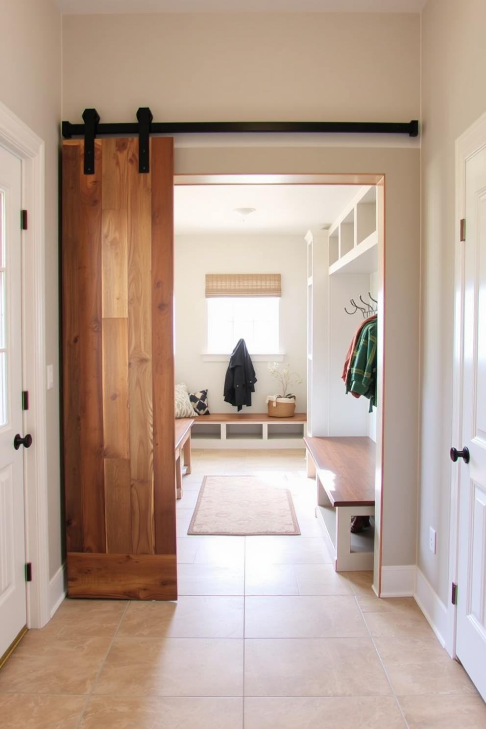 A stylish entry features a sliding barn door made of reclaimed wood, adding a rustic charm to the space. The door opens into a bright mudroom with ample storage solutions, including built-in benches and hooks for coats and bags. The mudroom is designed with a durable tile floor, allowing for easy cleaning and maintenance. Natural light floods the area through a window, creating an inviting atmosphere for guests and family alike.