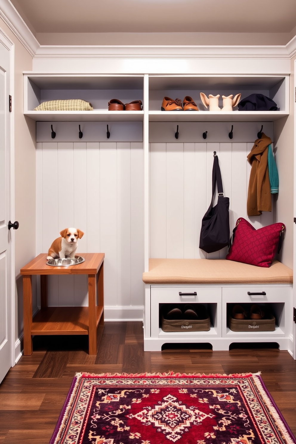 An integrated pet area features a stylish feeding station with elevated bowls on a wooden platform. The space includes built-in storage for pet supplies and a cozy nook with a soft bed for relaxation. The mudroom design incorporates a spacious bench with hooks above for coats and bags. Durable flooring complements the design, while a decorative rug adds warmth and personality to the entrance.