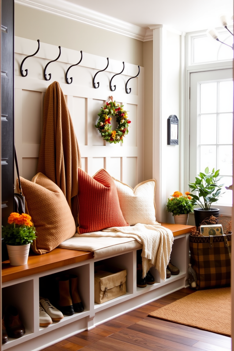 A cozy mudroom featuring a built-in bench with plush cushions and storage cubbies for shoes and bags. The walls are adorned with hooks for coats, and a large window allows natural light to brighten the space. Seasonal decor enhances the welcoming vibe with warm-toned throw pillows and a knitted blanket draped over the bench. Potted plants and a small seasonal wreath on the door add a touch of nature and charm to the entrance.