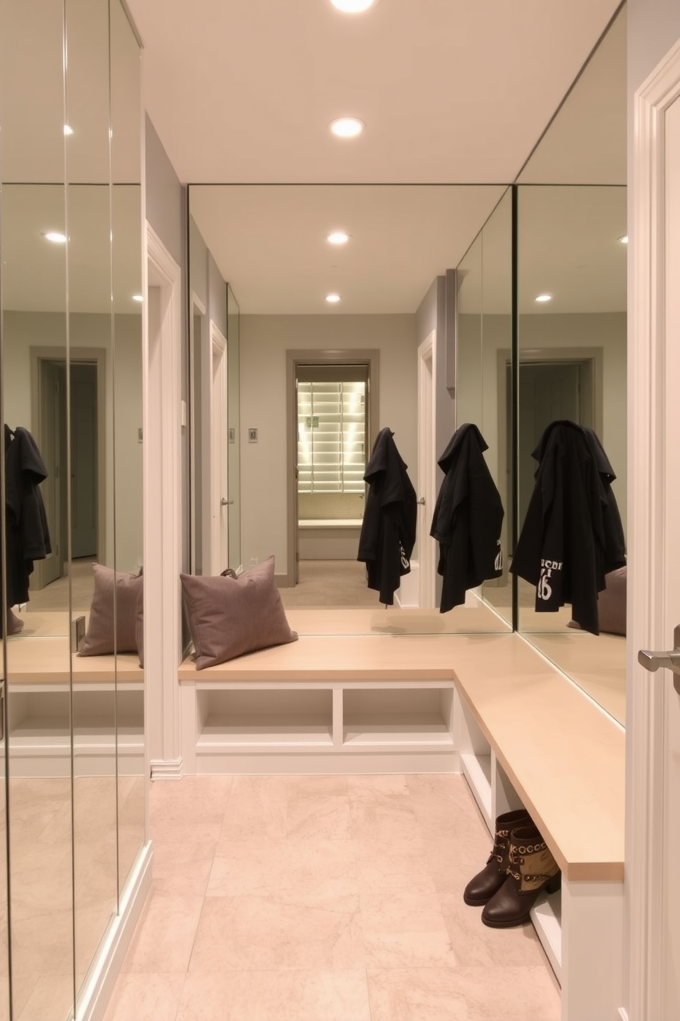 A stylish mudroom featuring a mirrored wall that enhances the sense of space and depth. The design includes built-in storage benches and hooks for coats, with a sleek tile floor for easy maintenance.