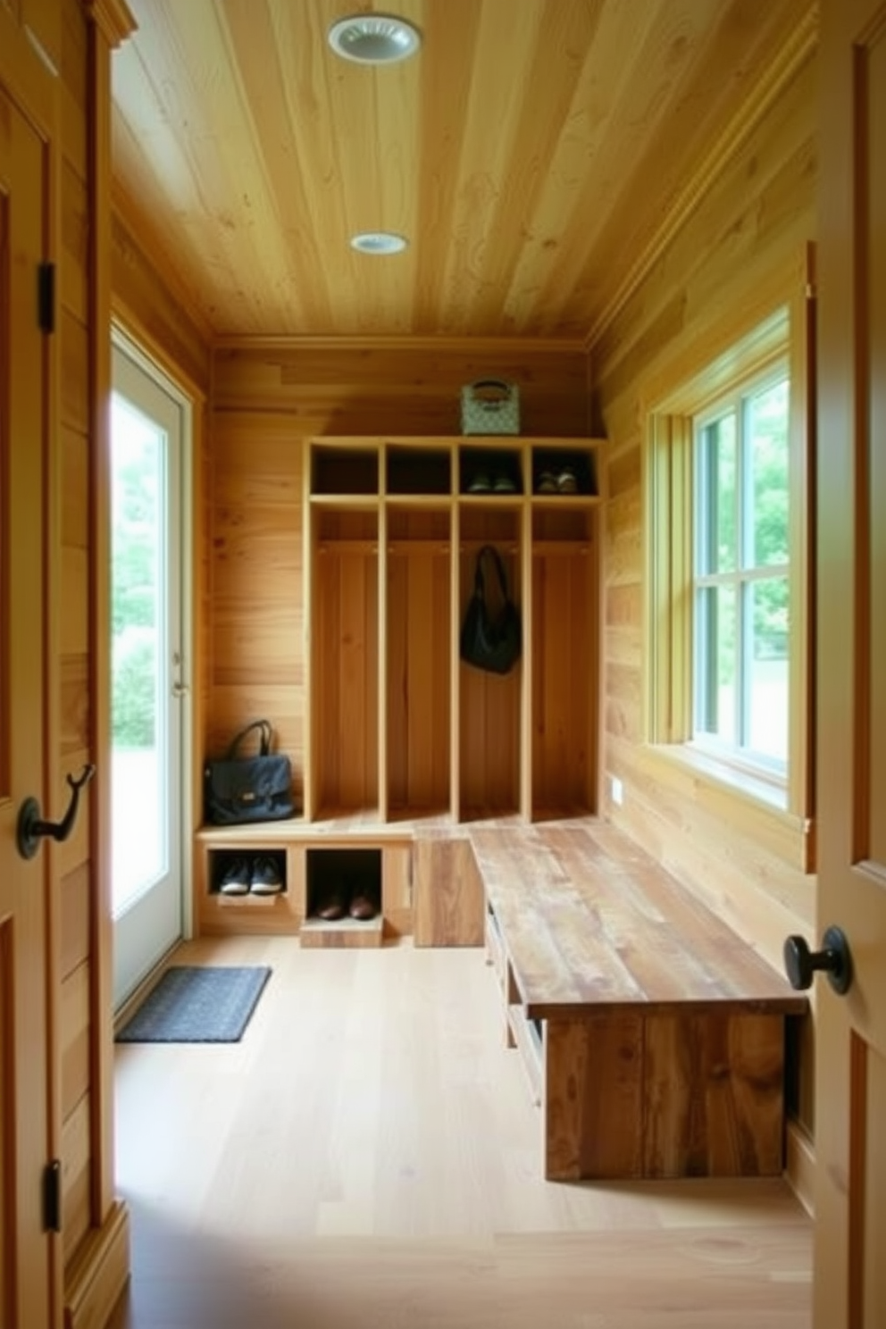 A welcoming mudroom featuring natural wood elements throughout the space. The walls are adorned with warm wood paneling and a sturdy wooden bench provides a comfortable seating area. A series of open cubbies made from reclaimed wood offer ample storage for shoes and bags. A large window allows natural light to flood the room, enhancing the earthy tones of the wood.