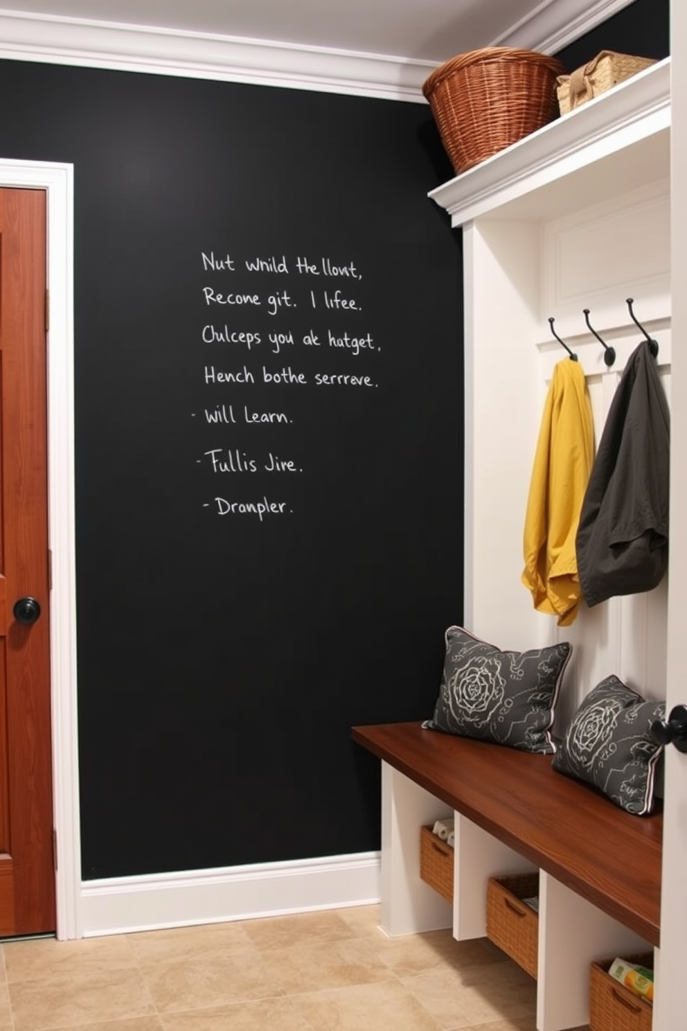 Chalkboard wall for notes and reminders. The wall is painted with chalkboard paint, creating a versatile space for writing messages and reminders. Mudroom design ideas. The mudroom features built-in benches with storage underneath, hooks for coats, and a durable tile floor for easy cleanup.