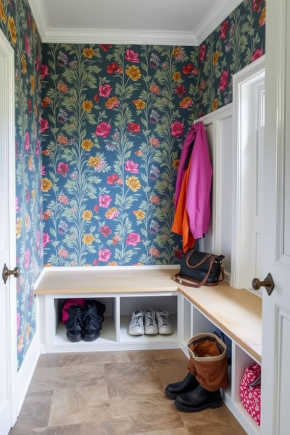 A bright and cheerful mudroom features vibrant yellow walls that instantly uplift the space. Colorful hooks line the wall, perfect for hanging jackets and bags, while a playful patterned rug adds warmth underfoot. The cabinetry is painted in a lively turquoise, providing ample storage for shoes and outdoor gear. A large window allows natural light to flood the room, showcasing potted plants that enhance the cheerful atmosphere.