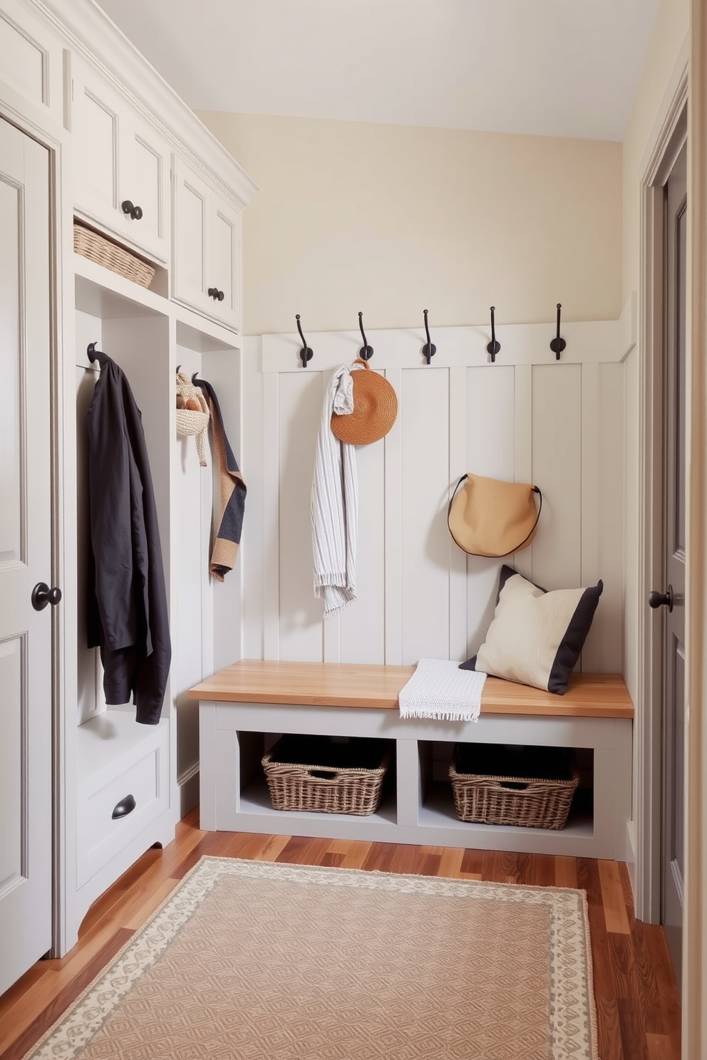 A serene mudroom space featuring a neutral color palette that promotes a calming atmosphere. The walls are painted in soft beige, complemented by light gray cabinetry and a natural wood bench for seating. Storage solutions include woven baskets and hooks for hanging coats and bags, maintaining an organized and inviting look. A patterned rug in subtle earth tones adds warmth and texture to the floor, enhancing the overall tranquility of the design.