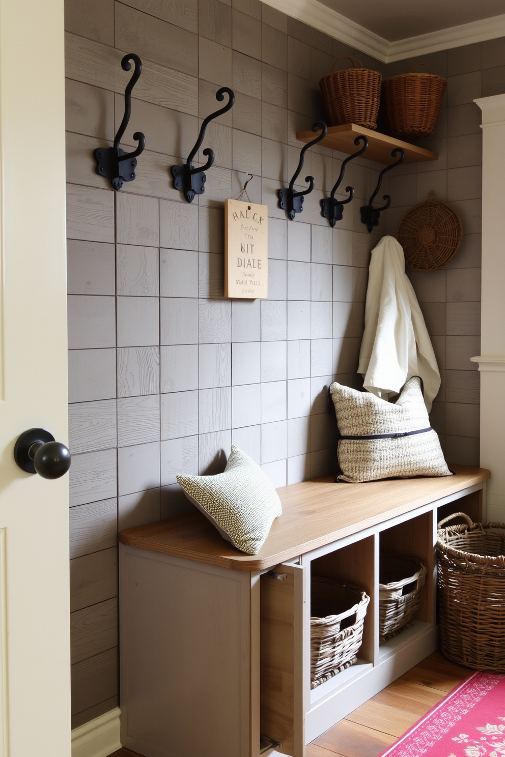 A charming mudroom featuring vintage hooks made of wrought iron mounted on a weathered wooden wall. The space includes a built-in bench with storage underneath, complemented by a collection of rustic baskets for organization.