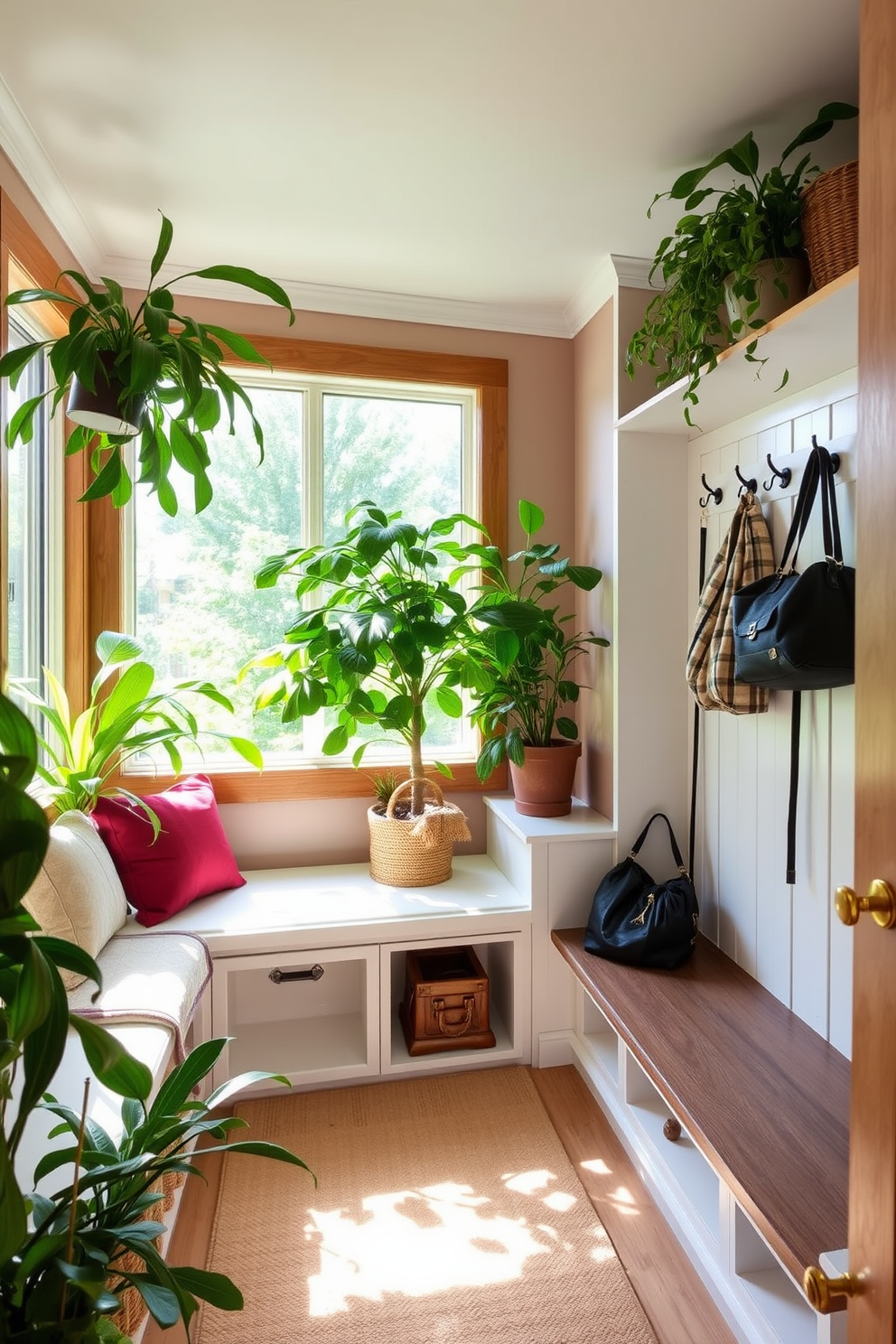 A cozy mudroom featuring vintage hooks made of wrought iron, adding rustic charm to the space. The walls are painted in a warm taupe color, and the floor is covered with reclaimed wood planks for a welcoming feel.