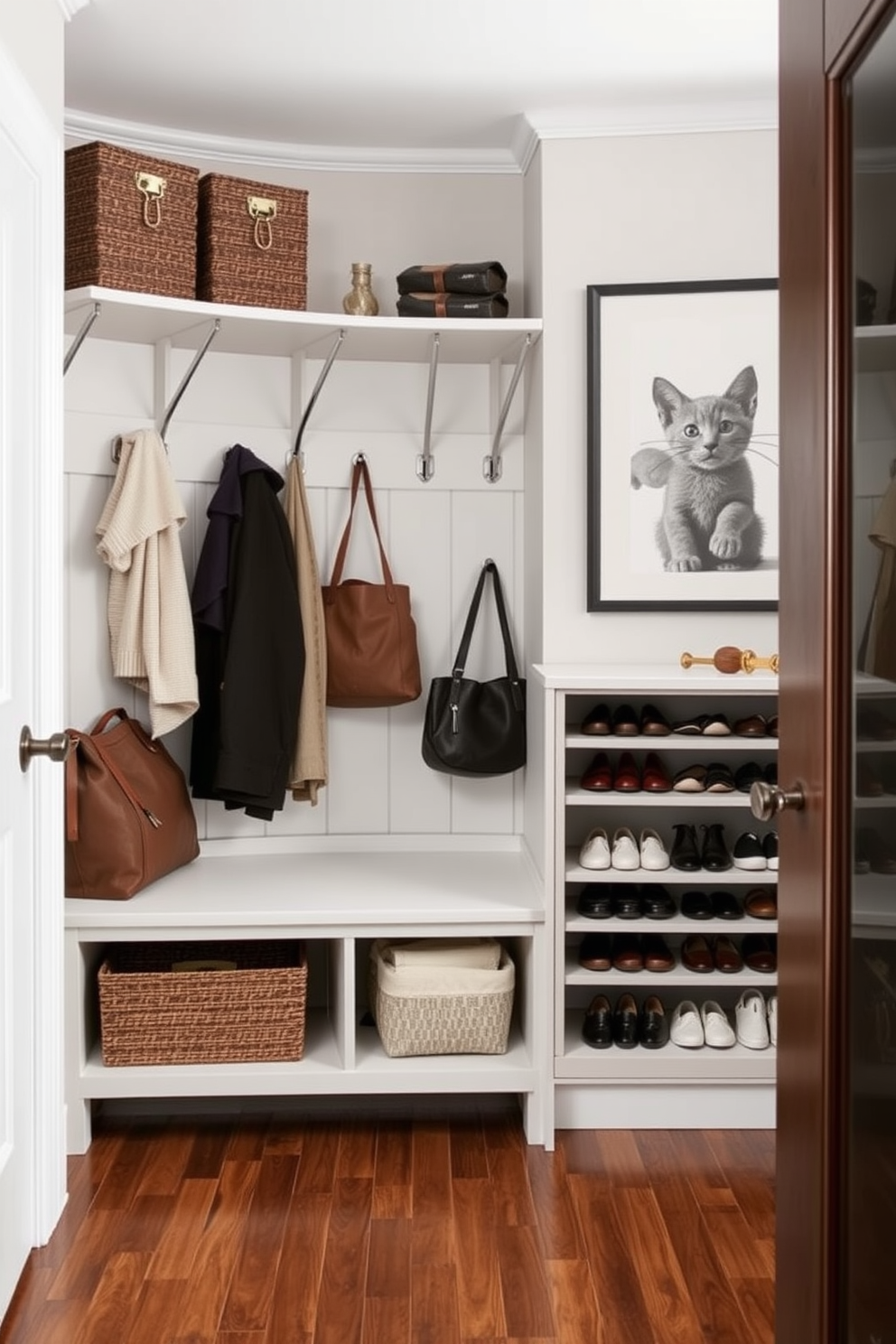 Stylish baskets for organized clutter. A collection of woven baskets in various sizes is neatly arranged on a wooden shelf, adding texture and warmth to the space. Mudroom Design Ideas. The mudroom features a built-in bench with storage underneath, surrounded by hooks for coats and bags, all set against a backdrop of cheerful, patterned wallpaper.