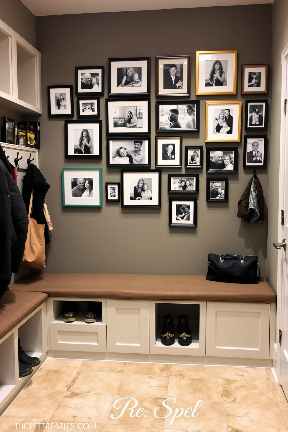 A family photo gallery is created on a feature wall, showcasing a collection of framed photographs in various sizes. The frames are arranged in an artistic layout, with a mix of black and white images and colorful snapshots that reflect cherished memories. The mudroom features built-in storage benches with cushioned seating, ideal for removing shoes and outerwear. Hooks are mounted on the wall for hanging coats and bags, while a durable tile floor adds practicality and style to the space.