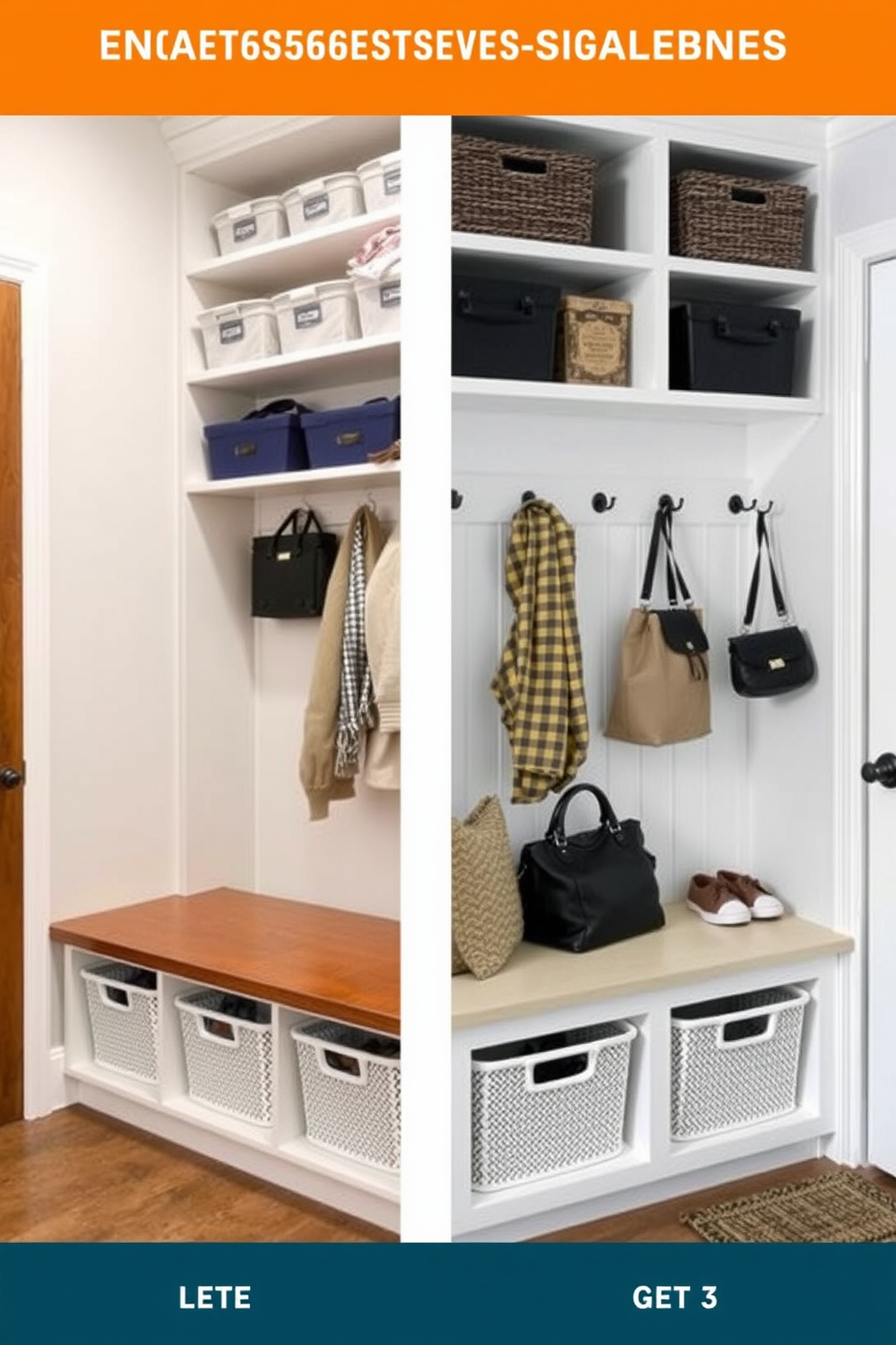 A stylish mudroom featuring multi-functional furniture for versatility. The space includes a built-in bench with storage underneath, hooks for coats, and a sleek shoe cabinet to keep everything organized.