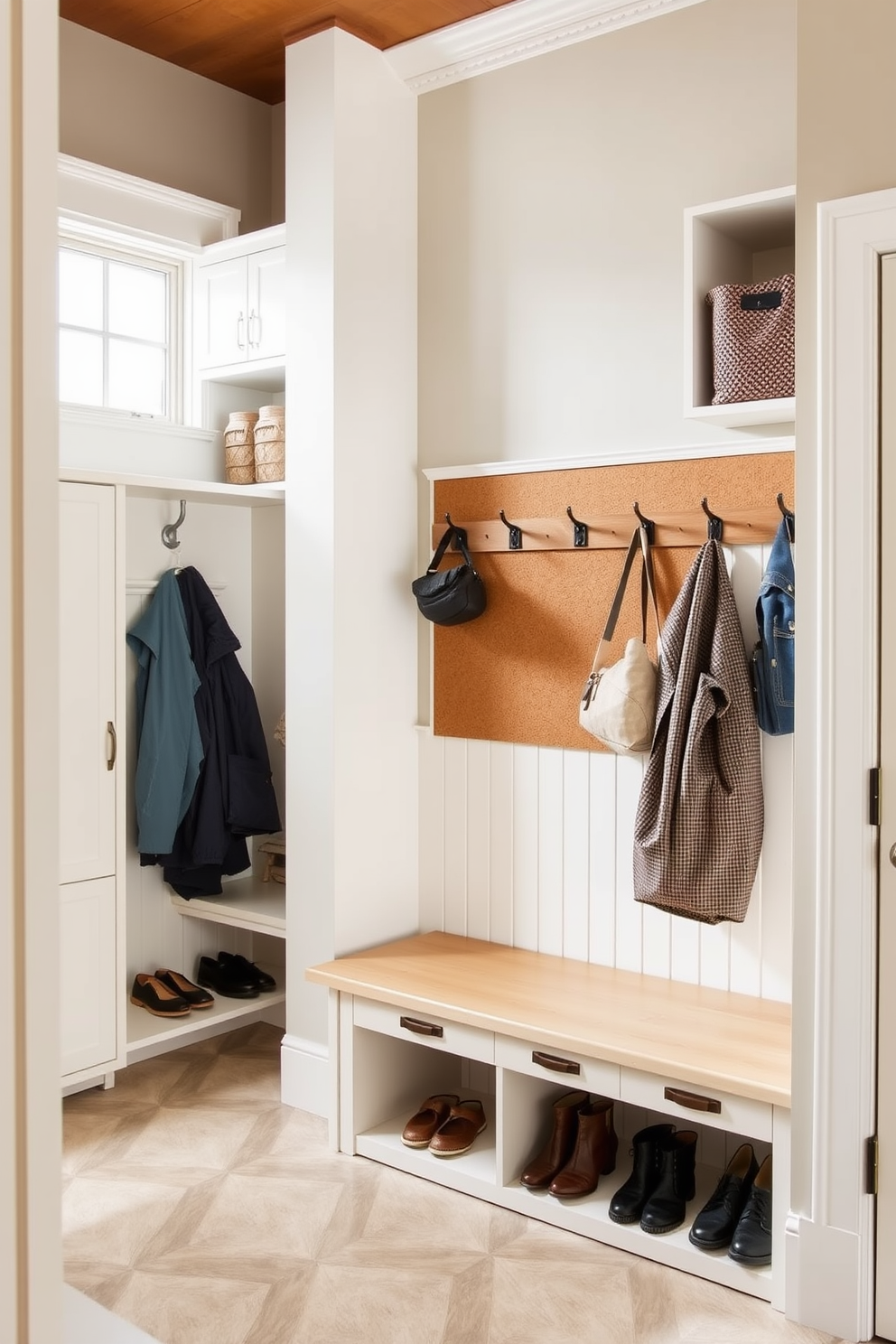 A functional corkboard is mounted on the wall, surrounded by hooks for hanging coats and bags. Below, a bench with storage compartments provides seating and organization for shoes and outdoor gear. The mudroom features a combination of built-in cabinetry and open shelving for easy access to essentials. A durable tile floor in a neutral tone complements the space, while a large window allows natural light to brighten the area.