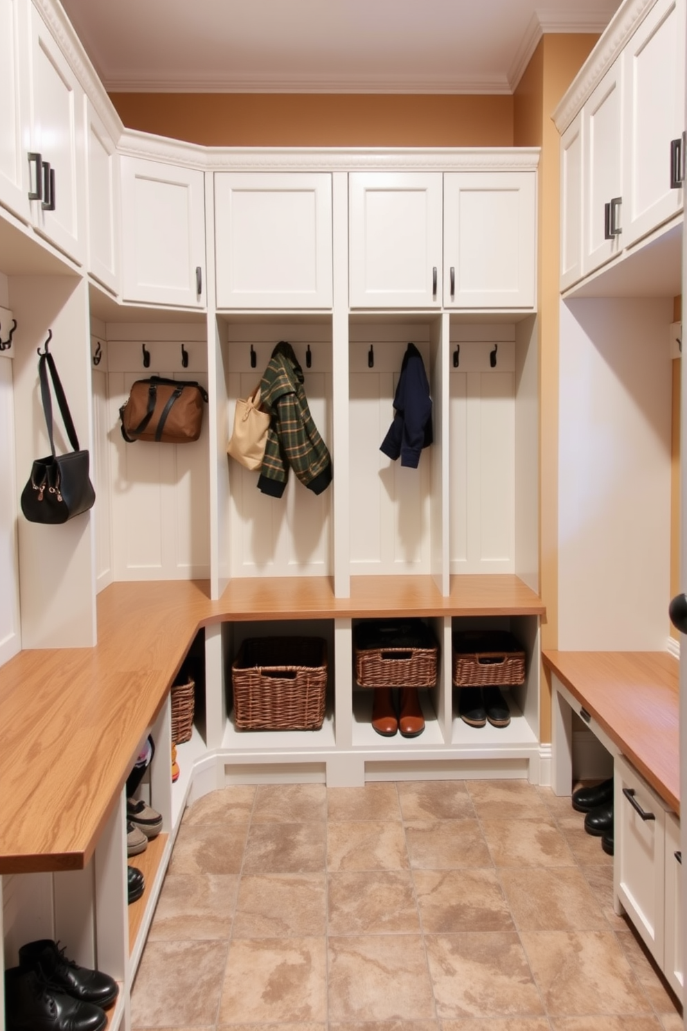 A functional mudroom space features individual lockers for each family member, designed with a combination of open shelving and closed cabinets. The walls are painted in a warm neutral tone, and the floor is covered with durable, textured tiles to withstand heavy foot traffic. Each locker is personalized with hooks for coats and bags, while baskets underneath provide additional storage for shoes and accessories. A bench runs along one side, offering a convenient spot for sitting while putting on or taking off footwear.