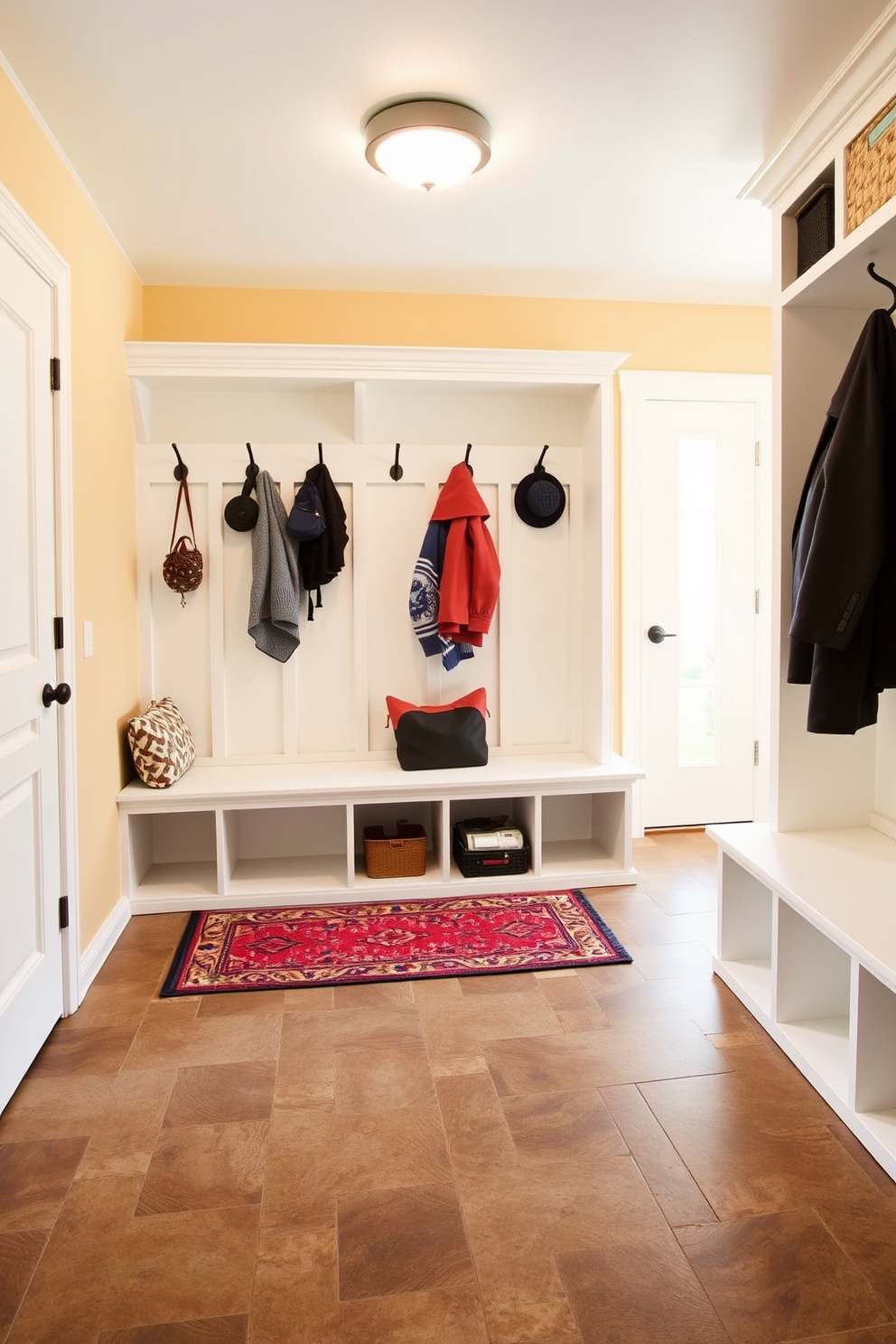 A stylish mudroom features a sliding barn door made of reclaimed wood that adds rustic charm. Inside, there are built-in benches with storage underneath, surrounded by hooks for coats and bags. The walls are painted in a soft gray, creating a serene backdrop for the space. A patterned rug lies on the floor, adding warmth and texture to the area.