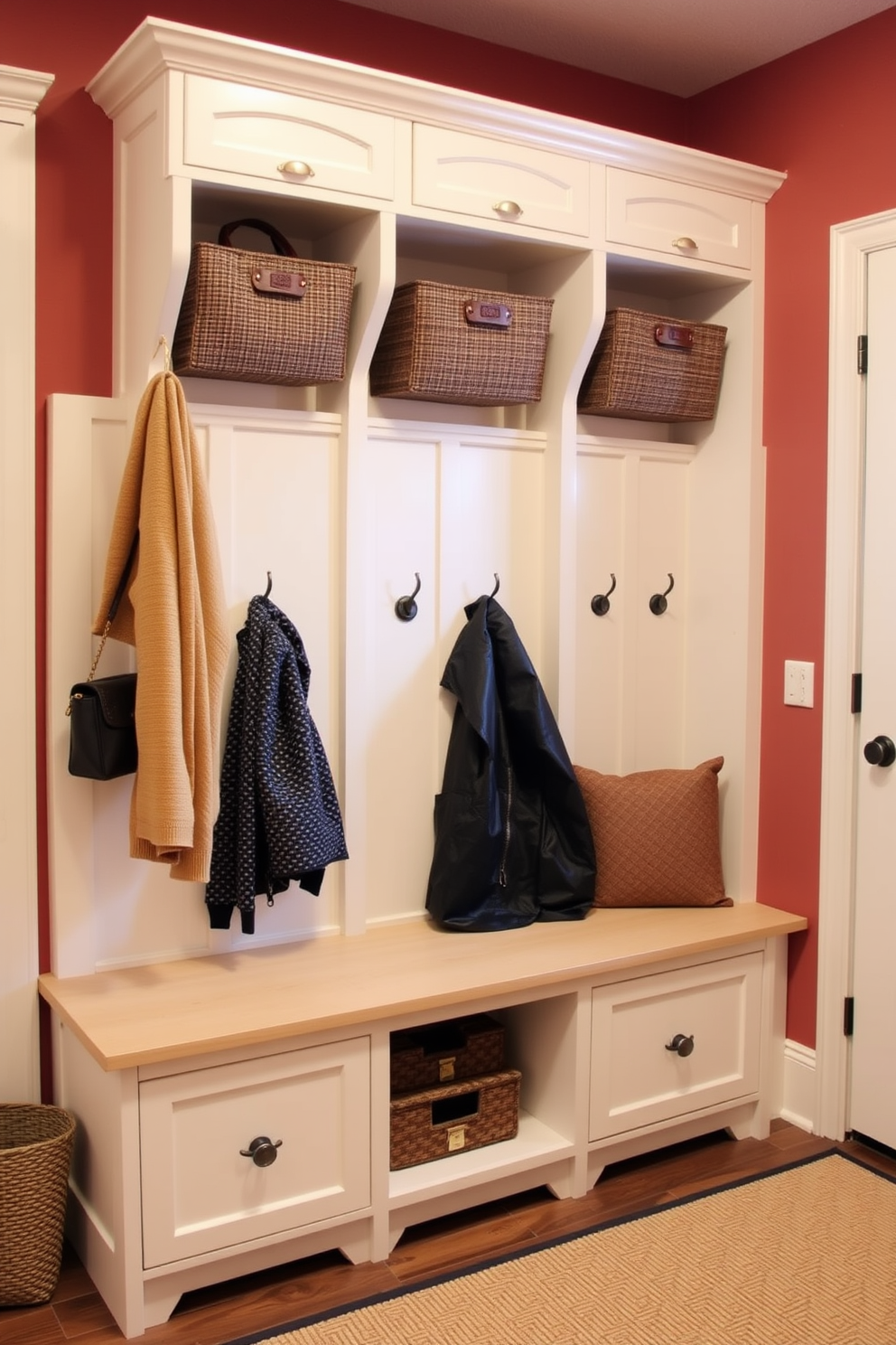 A functional mudroom featuring wall hooks for easy access to coats. The space includes a built-in bench with storage underneath, and the walls are adorned with a warm, inviting color palette.