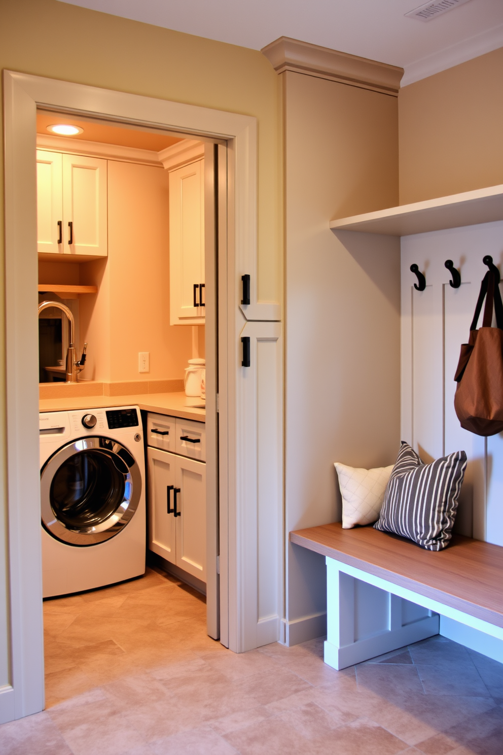 A functional laundry area adjacent to a mudroom features built-in cabinets for storage and a countertop for folding clothes. The space is designed with a practical layout, incorporating a utility sink and a washer and dryer hidden behind stylish cabinet doors. The mudroom includes a bench with cushions for seating and hooks for hanging coats and bags. The walls are painted in a warm neutral tone, and the floor is covered with durable tile that can withstand heavy foot traffic.