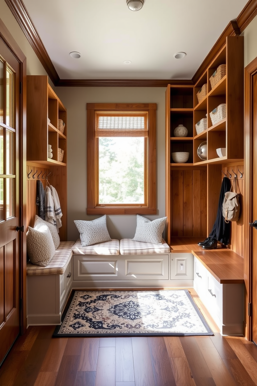 Open shelving lines the walls of a spacious mudroom, showcasing neatly arranged baskets and decorative items. A built-in bench with plush cushions sits beneath the shelves, providing a cozy spot for putting on shoes. The mudroom features a combination of hooks and cubbies for efficient organization, with a stylish rug anchoring the space. Natural light floods in through a large window, illuminating the warm wood tones and inviting atmosphere.