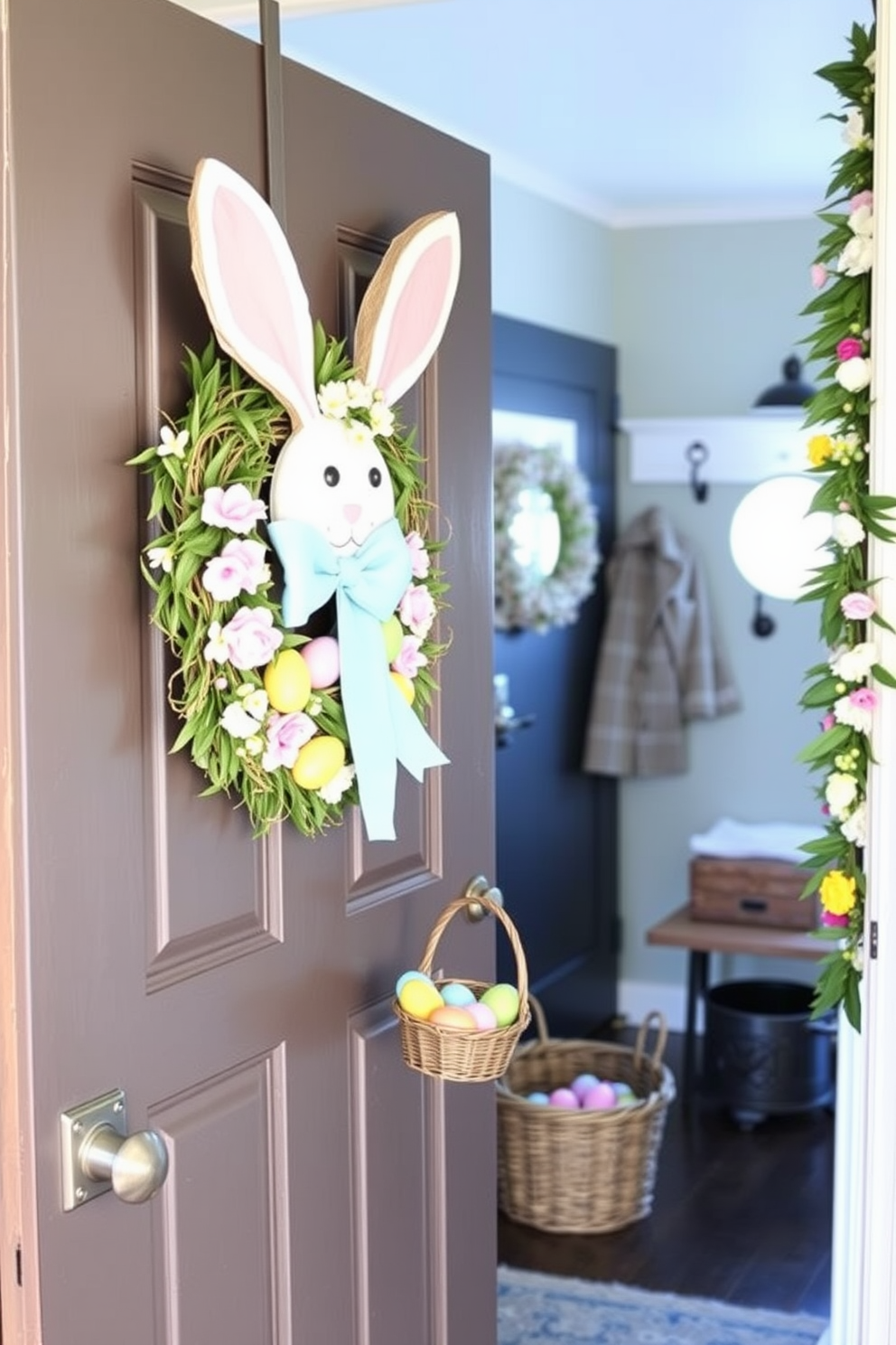 A charming Easter bunny wreath adorns the front door, featuring pastel-colored eggs and soft floral accents. The entrance is inviting, setting a festive tone for the home. Inside the mudroom, cheerful Easter decorations bring a playful spirit to the space. A small table displays a basket filled with colorful eggs, while a garland of spring flowers drapes along the wall.