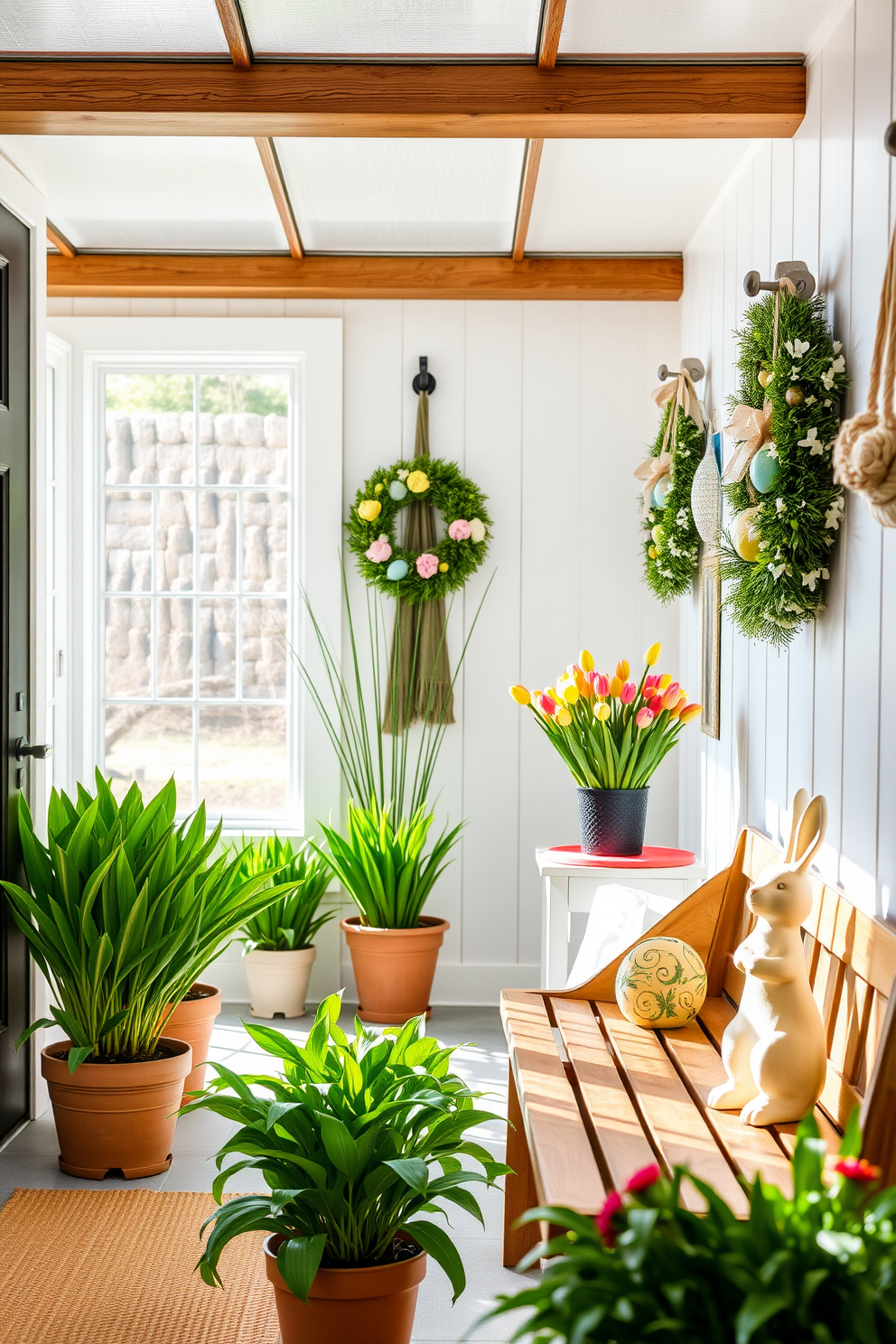 A bright and airy mudroom filled with natural light. The space features a row of potted plants in varying heights, adding a fresh spring feel with vibrant green foliage. Decorative Easter elements are thoughtfully arranged throughout the room. Colorful wreaths hang on the walls, and a cheerful bunny figurine sits atop a wooden bench, enhancing the festive atmosphere.