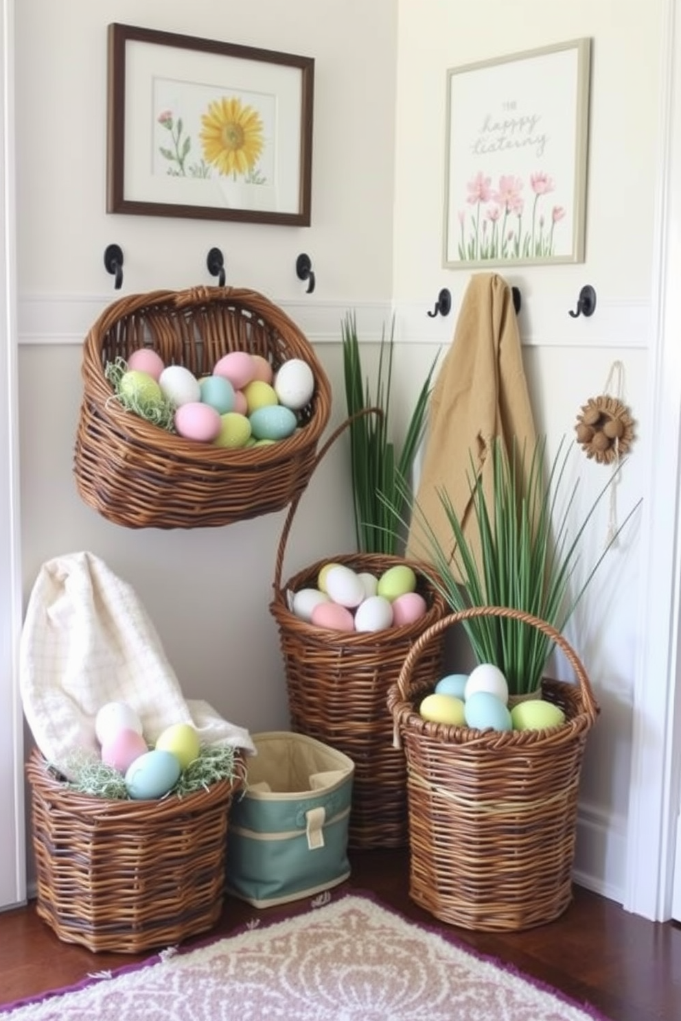 A charming console table adorned with an Easter-themed table runner featuring pastel colors and floral patterns. On the table, there are decorative eggs in various sizes and hues, complemented by small potted spring flowers. The mudroom is decorated for Easter with a cheerful wreath made of colorful eggs hanging on the door. Inside, a basket filled with faux grass and Easter treats sits beside a pair of spring-themed rain boots.