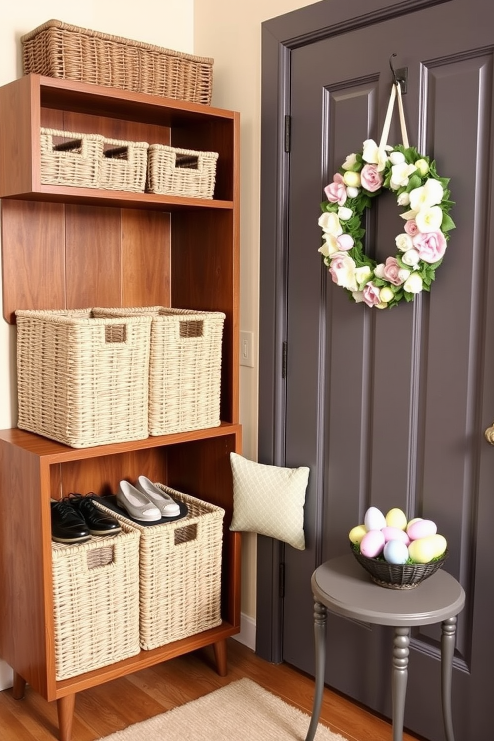 A cozy mudroom featuring vintage wooden crates used for storage. The crates are stacked neatly against the wall, filled with colorful blankets and seasonal items, creating a warm and inviting atmosphere. For Easter decorating ideas, the mudroom is adorned with pastel-colored decorations and floral accents. A cheerful wreath made of spring flowers hangs on the door, welcoming guests into this charming space.