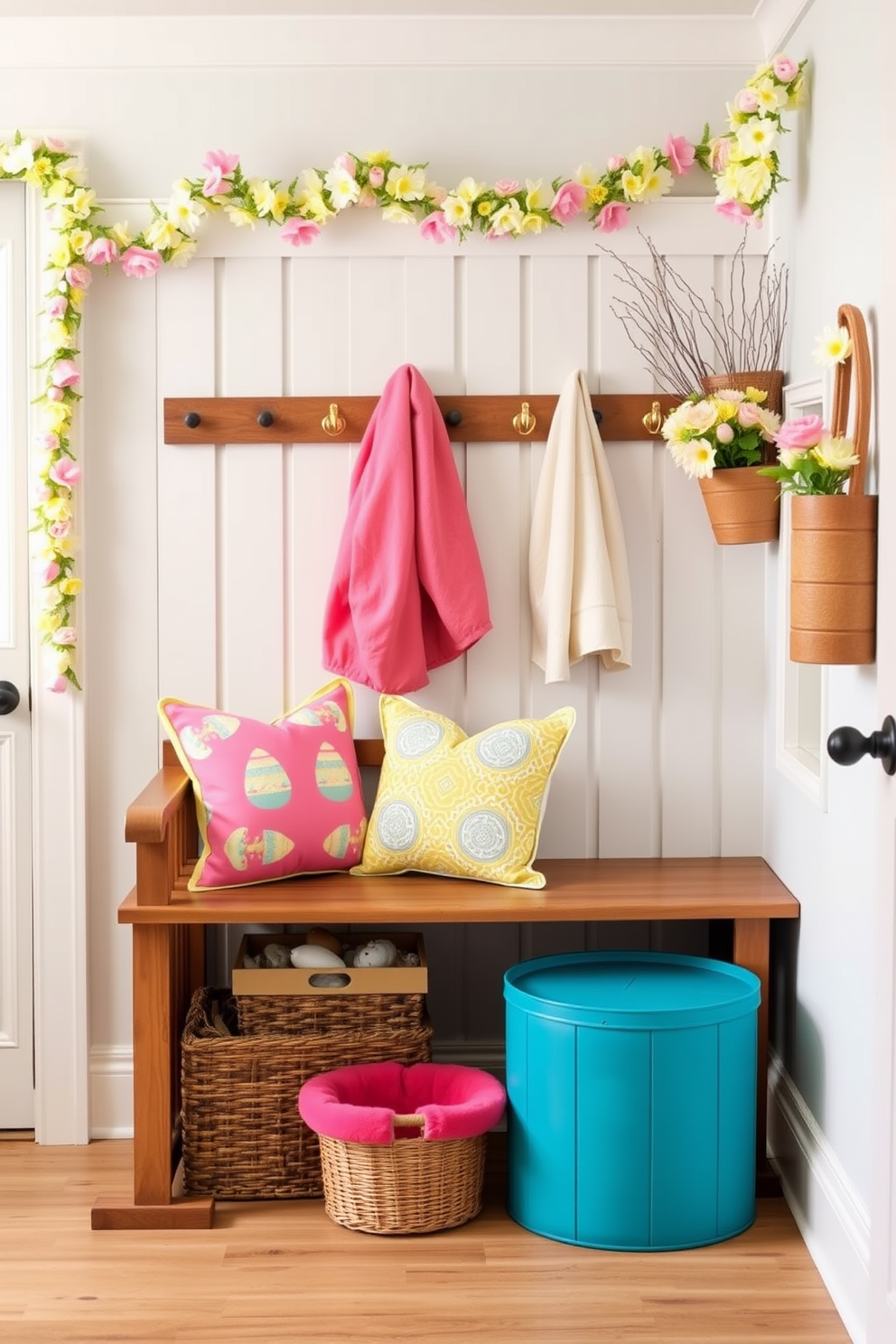 A charming mudroom decorated for Easter features decorative lanterns filled with vibrant spring florals. The space is brightened by pastel-colored accents and a cozy bench adorned with seasonal cushions.