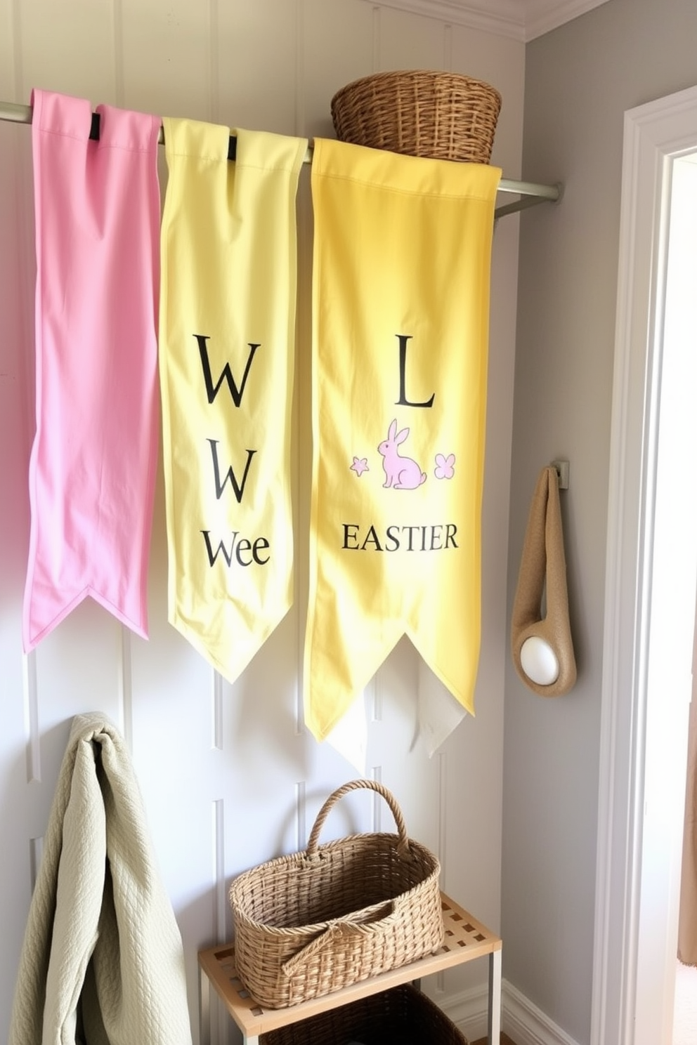 A vibrant mudroom filled with colorful Easter banners draped above the entrance. The walls are painted a cheerful pastel hue, and a rustic wooden bench is adorned with decorative pillows featuring spring motifs.