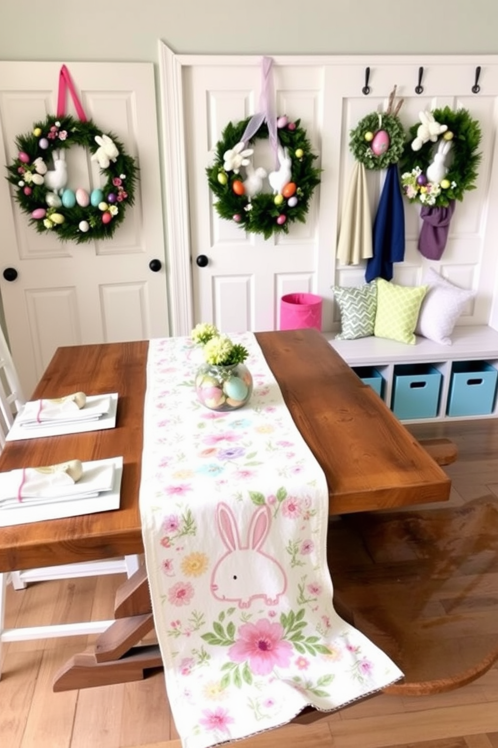 A beautifully arranged Easter-themed table runner features pastel colors with floral patterns and delicate bunny motifs. It drapes elegantly over a rustic wooden table, complemented by matching napkins and spring-inspired centerpieces. In the mudroom, Easter decorations include vibrant wreaths adorned with eggs and cheerful bunnies. The space is enhanced with pastel-colored storage bins and a charming bench, creating a festive and welcoming atmosphere.