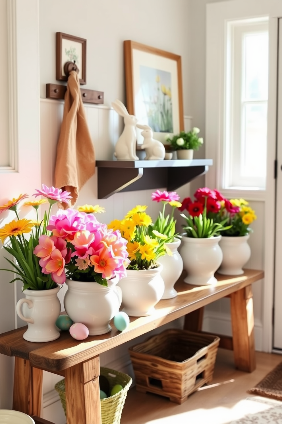 Charming ceramic pots filled with vibrant flowers are arranged on a rustic wooden bench in the mudroom. The space is brightened by natural light streaming in through a nearby window, creating a welcoming atmosphere. Easter decorations are tastefully displayed, featuring pastel-colored eggs nestled among the flowers and a cheerful bunny figurine on the shelf. The walls are adorned with soft, spring-themed artwork, enhancing the festive and inviting feel of the mudroom.