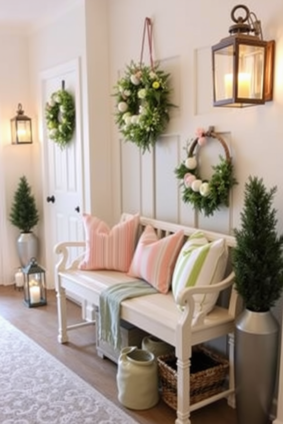 A charming mudroom decorated for Easter features decorative bowls filled with colorful candy eggs. The walls are adorned with pastel-colored accents, and a cozy bench provides a welcoming space for guests.