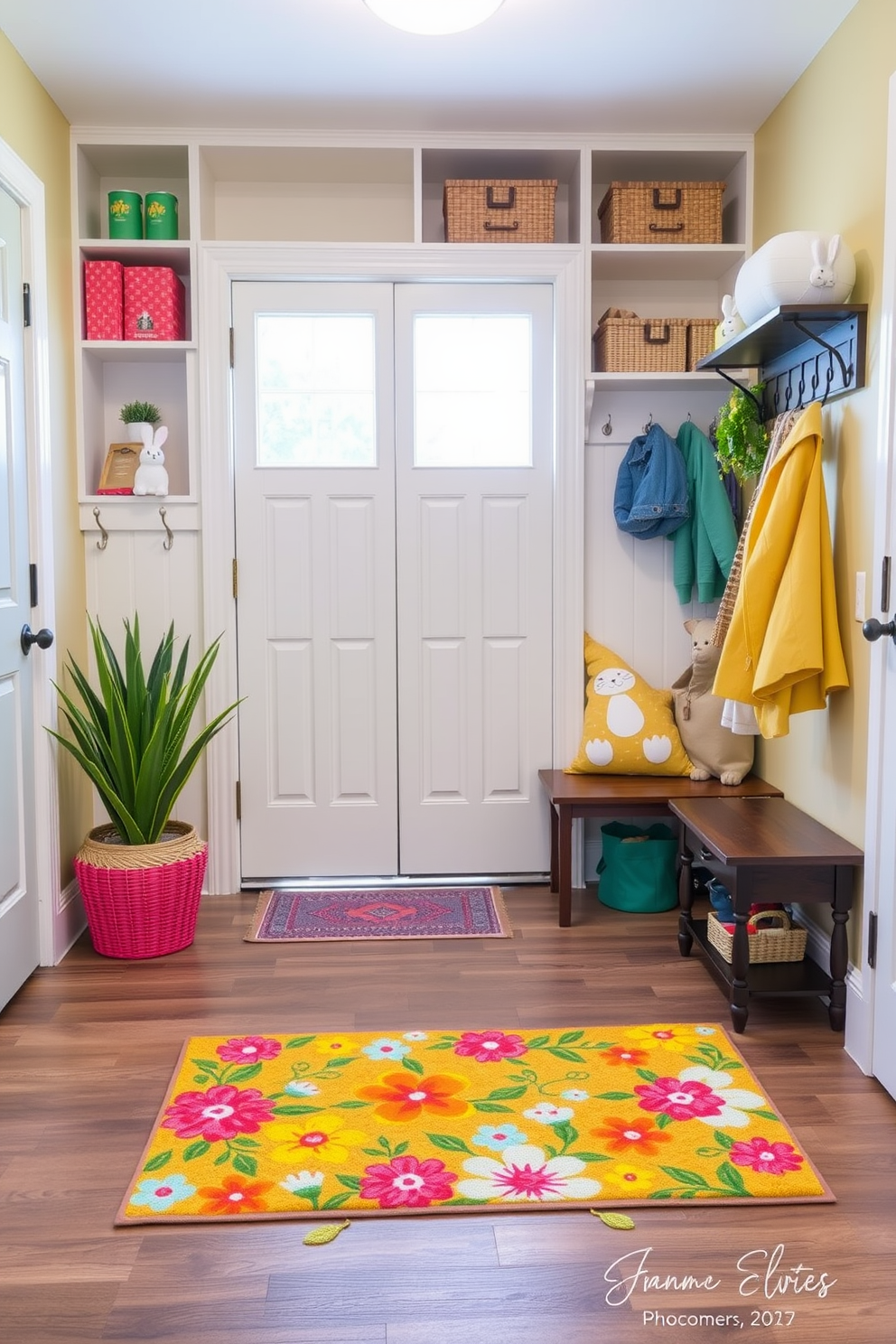 A bright and airy mudroom featuring pastel-colored storage bins arranged neatly along a wooden shelf. The walls are painted in a soft white, and a cheerful spring wreath hangs on the door, adding a festive touch for Easter. Decorative elements include a collection of colorful Easter eggs displayed in a woven basket on a small table. Fresh flowers in pastel hues are placed in a vase, enhancing the inviting atmosphere of the space.