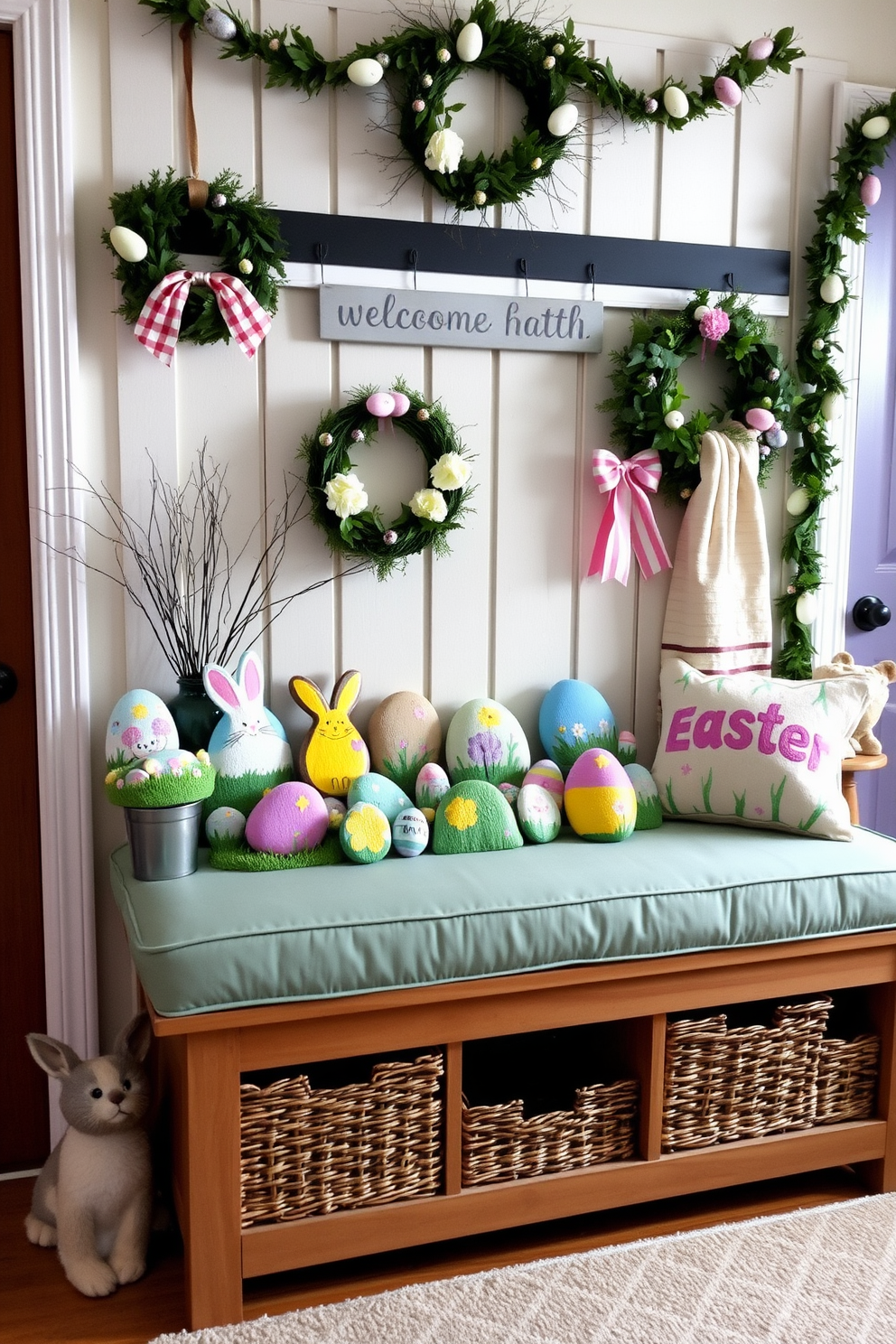 Cute rabbit-shaped planters filled with vibrant greenery are arranged on a rustic wooden shelf. The planters are crafted from ceramic with a glossy finish, adding a playful touch to the space. The mudroom features a cheerful Easter theme with pastel-colored decorations and seasonal accents. A woven basket holds colorful eggs, while a garland of bunny silhouettes hangs above the coat hooks, enhancing the festive atmosphere.