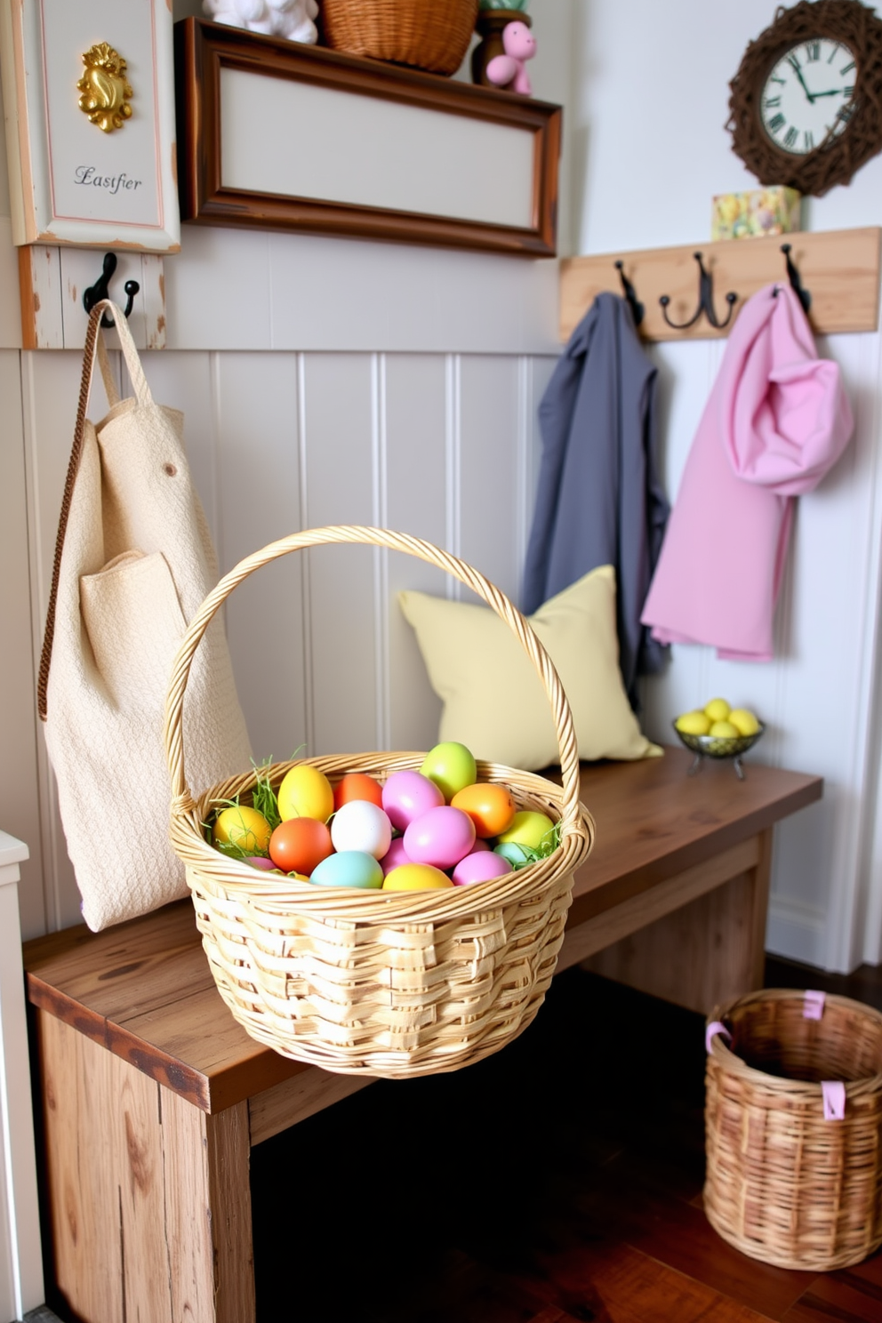 A cozy mudroom filled with pastel throw pillows on a rustic wooden bench. The walls are adorned with cheerful Easter decorations, including colorful wreaths and hanging eggs.