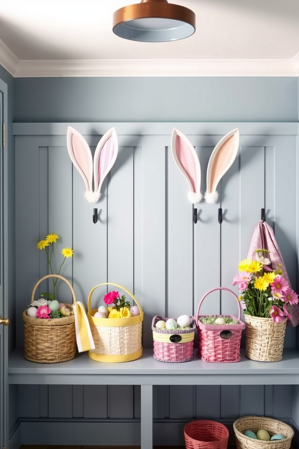 A charming mudroom decorated for Easter. Colorful hand towels featuring Easter motifs hang on hooks, complementing the cheerful decor.