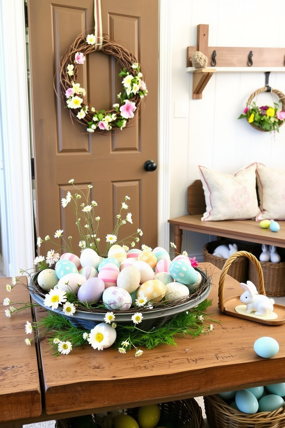 Seasonal scented candles create a warm and inviting atmosphere in the mudroom. The candles are arranged on a rustic wooden shelf, surrounded by potted plants and decorative baskets. Easter decorations bring a festive touch to the mudroom. Colorful garlands of eggs hang from hooks, and a charming bunny figurine sits on a bench, enhancing the seasonal spirit.