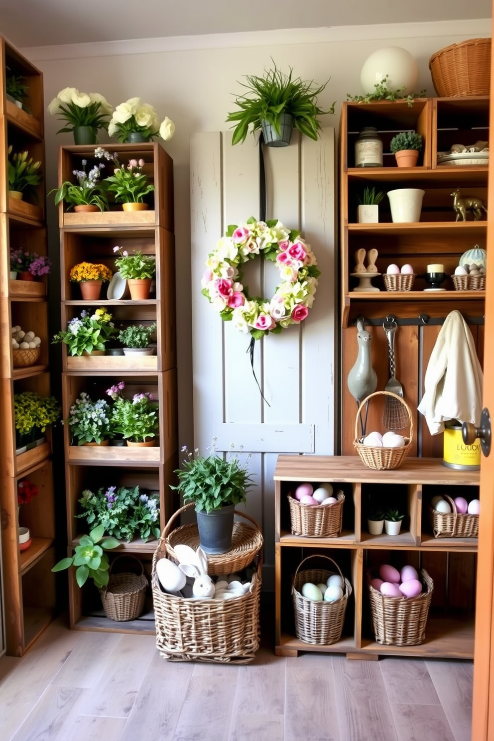 A cozy mudroom filled with vintage crates used for rustic storage. The crates are stacked neatly against the wall, showcasing a variety of colorful plants and seasonal decor. For Easter decorating ideas, the mudroom features pastel-colored accents and whimsical decorations. A charming wreath made of faux flowers hangs on the door, while small baskets filled with eggs are placed on the shelves.