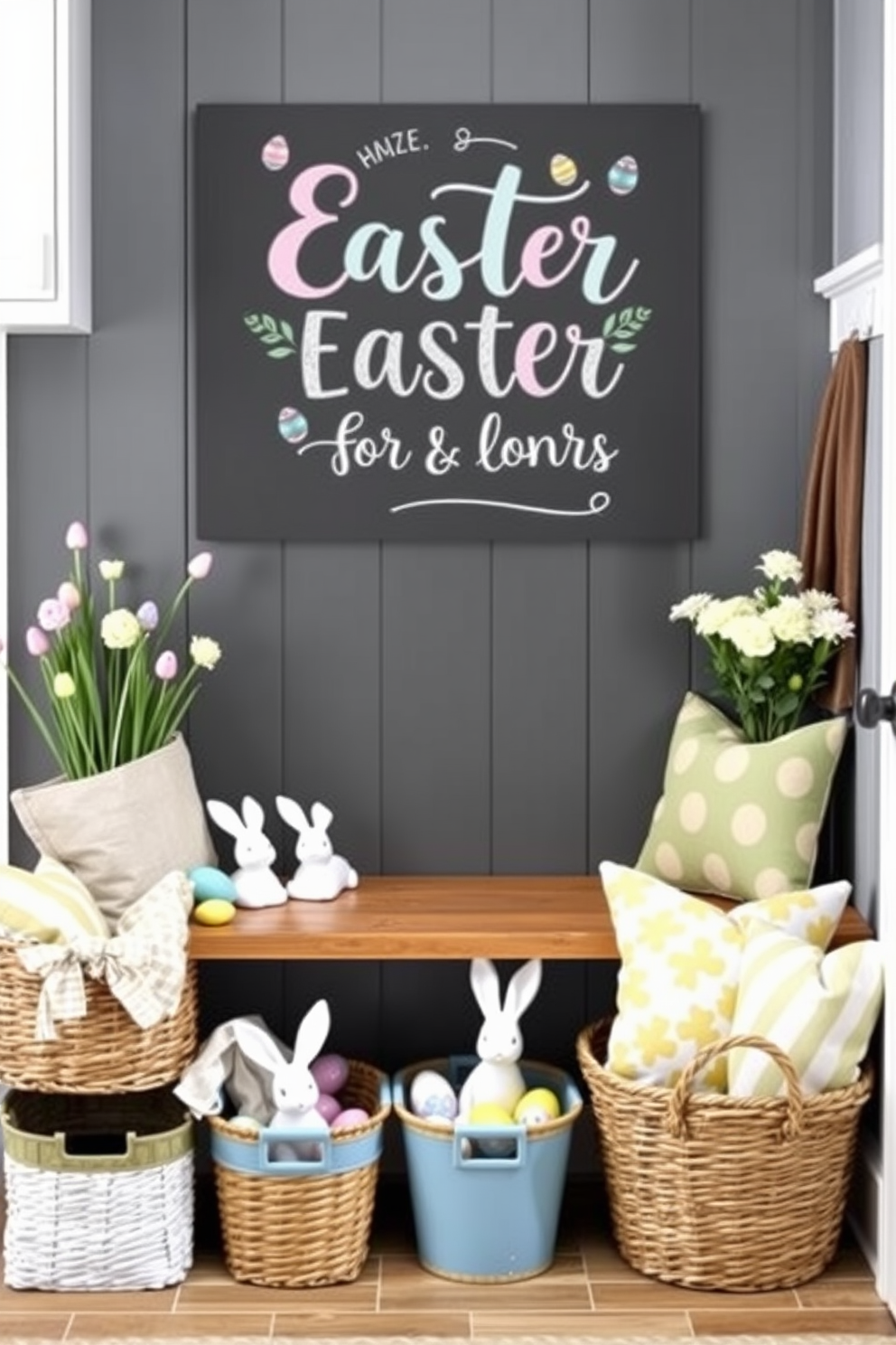 Chalkboard sign with Easter greetings displayed prominently in a cozy mudroom. The sign features playful pastel colors and whimsical lettering, surrounded by seasonal decorations like colorful eggs and spring flowers. Mudroom decorated for Easter with a charming combination of functional storage and festive decor. Baskets filled with faux eggs and bunny figurines are neatly arranged alongside a welcoming bench adorned with cheerful cushions.