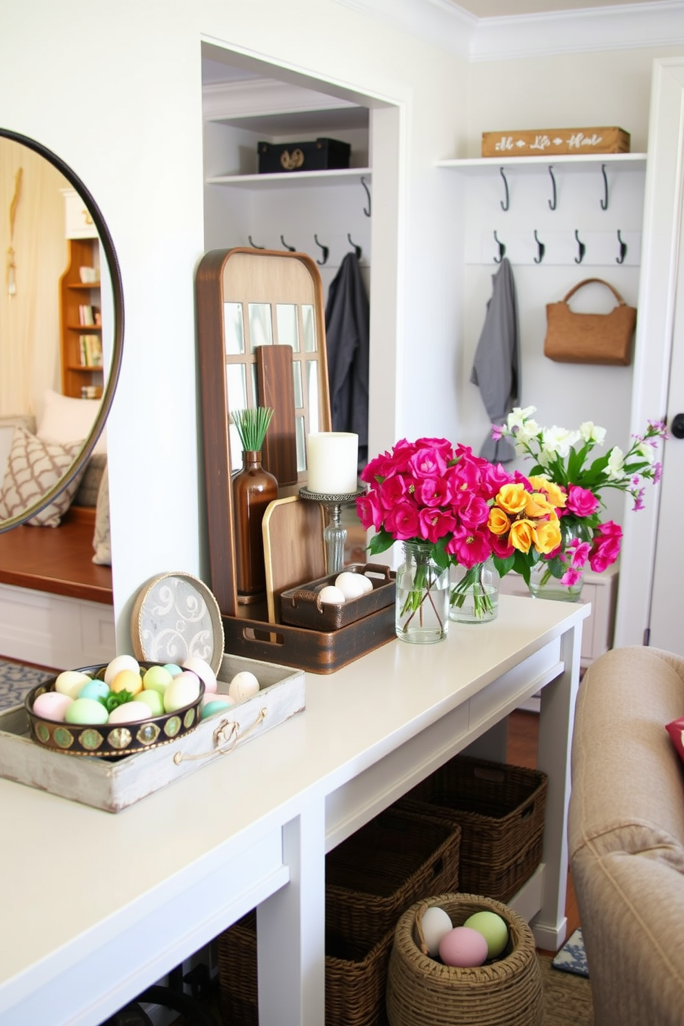 A collection of decorative trays in varying sizes and materials is elegantly arranged on a stylish console table. The trays are filled with curated items such as candles, small plants, and decorative stones, creating a visually appealing and organized display. The mudroom features a functional yet stylish design with built-in benches and hooks for coats and bags. Soft lighting illuminates the space, highlighting the decorative elements like a patterned rug and storage baskets that keep the area tidy. Easter decorations bring a cheerful ambiance to the home with pastel-colored eggs displayed in a decorative bowl. Fresh flowers in vibrant hues are arranged in vases, adding a touch of springtime charm to the living areas.