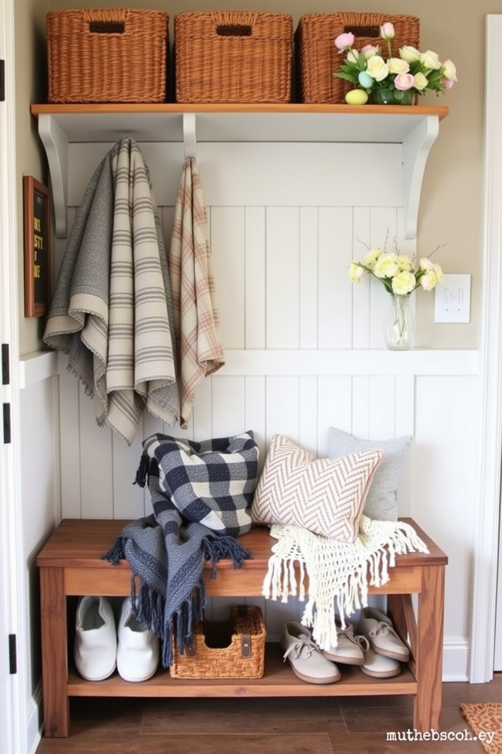 Layered textures create a warm and inviting mudroom space. Soft blankets and decorative throws are draped over a rustic bench, enhancing the cozy atmosphere. Easter decorations add a festive touch to the mudroom. Colorful eggs and spring flowers are arranged on a shelf, bringing life and cheer to the entryway.