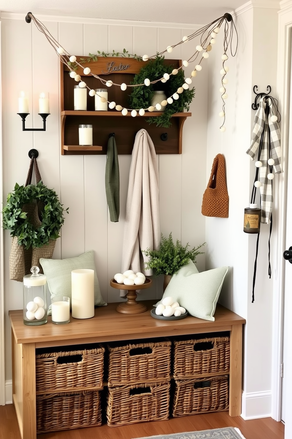 A cozy mudroom adorned with seasonal scents from candles and diffusers. The space features a rustic bench with woven baskets underneath and a wall-mounted coat rack. Easter decorations bring a festive touch to the mudroom. Delicate pastel-colored garlands hang from the ceiling, and a collection of decorative eggs is displayed on the bench.