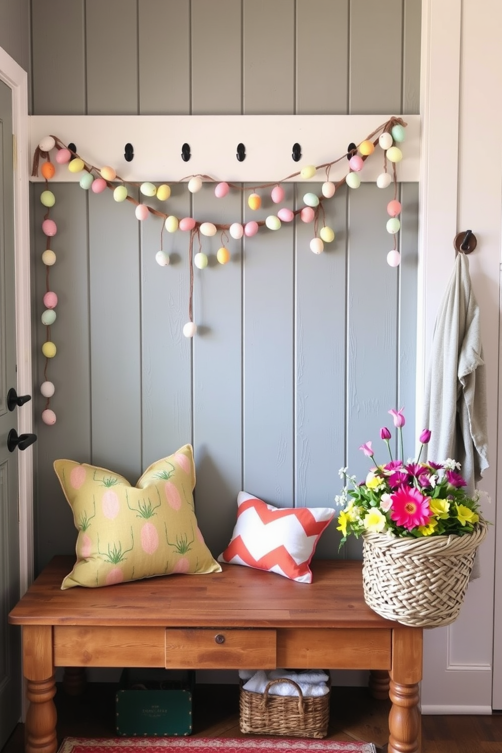 A charming mudroom adorned with a creative egg garland draped along the wall. The space features a rustic wooden bench with colorful cushions and a decorative basket filled with spring flowers.