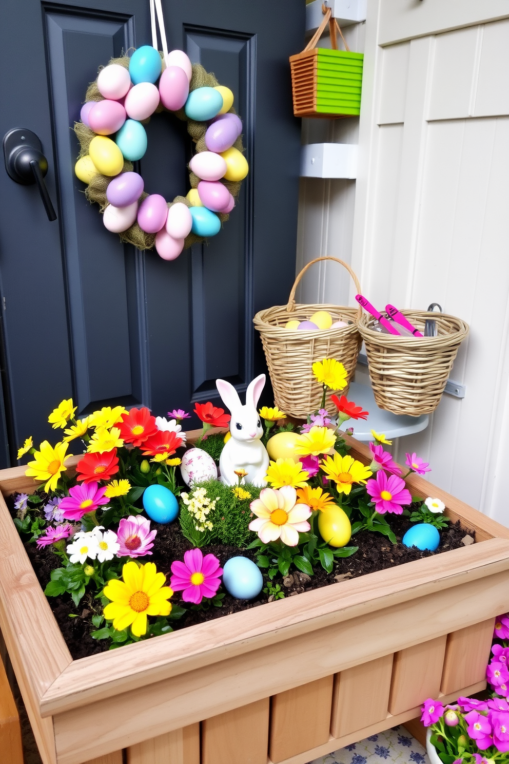 A charming miniature garden filled with vibrant Easter decorations. Colorful eggs are nestled among blooming flowers, and a small bunny figurine sits playfully at the center. A functional mudroom decorated for Easter with cheerful accents. Brightly colored baskets hold seasonal items, and a wreath made of pastel eggs hangs on the door.