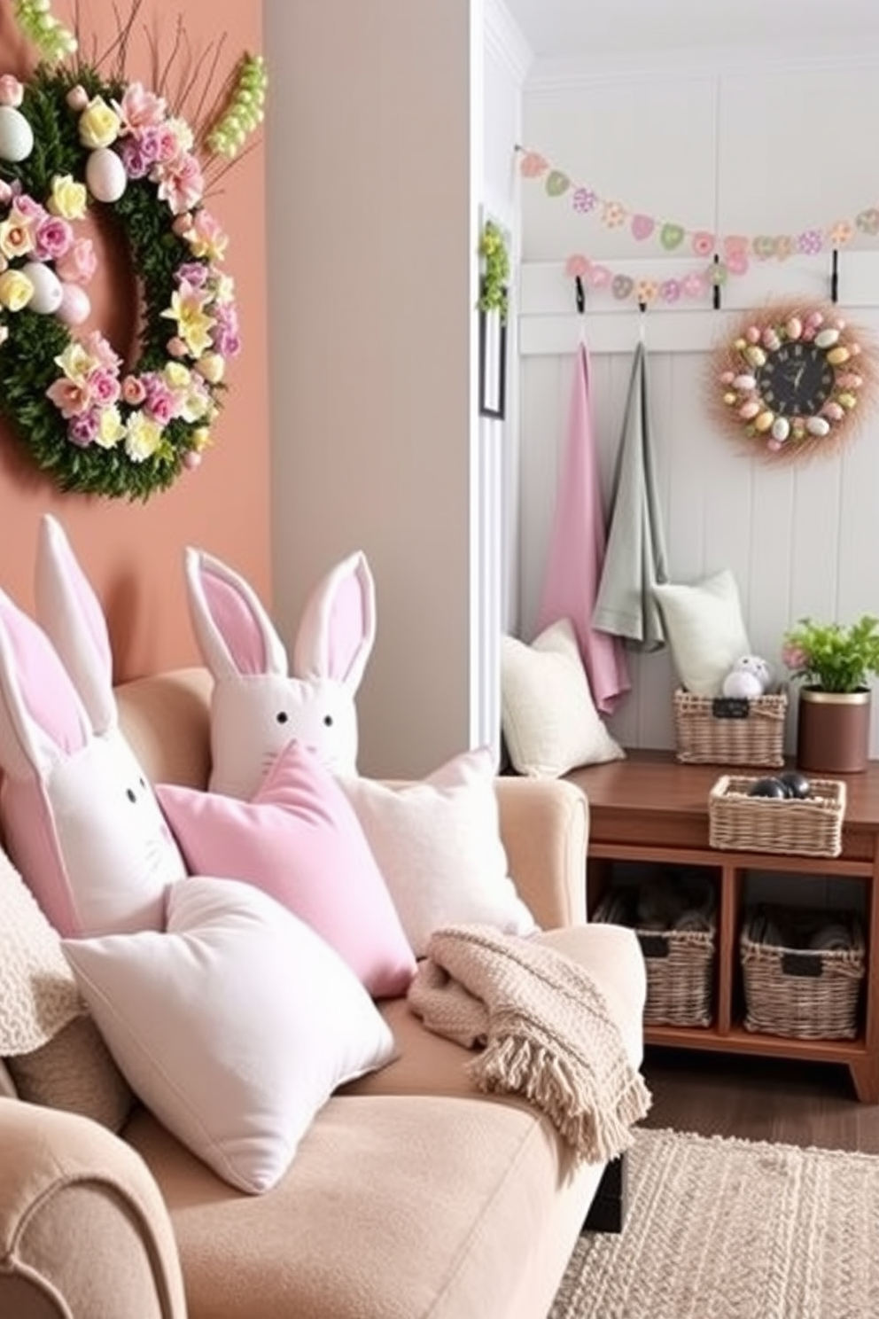 Cozy seating area featuring bunny shaped pillows in soft pastel colors. The pillows are arranged on a plush loveseat with a textured throw blanket draped over one side. A charming mudroom decorated for Easter with vibrant spring colors. The space includes a bench with storage baskets, and whimsical Easter-themed decor such as garlands and painted eggs.