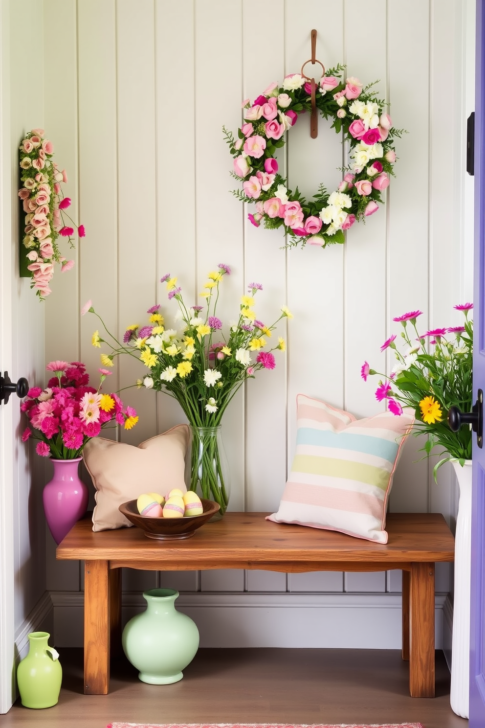 A bright and inviting mudroom filled with spring flowers in vibrant vases. The walls are painted in a soft pastel hue, and a rustic wooden bench is adorned with colorful cushions. Easter decorations bring a festive touch, with pastel-colored eggs nestled in a decorative bowl. A cheerful wreath made of fresh flowers hangs on the door, welcoming guests with seasonal charm.