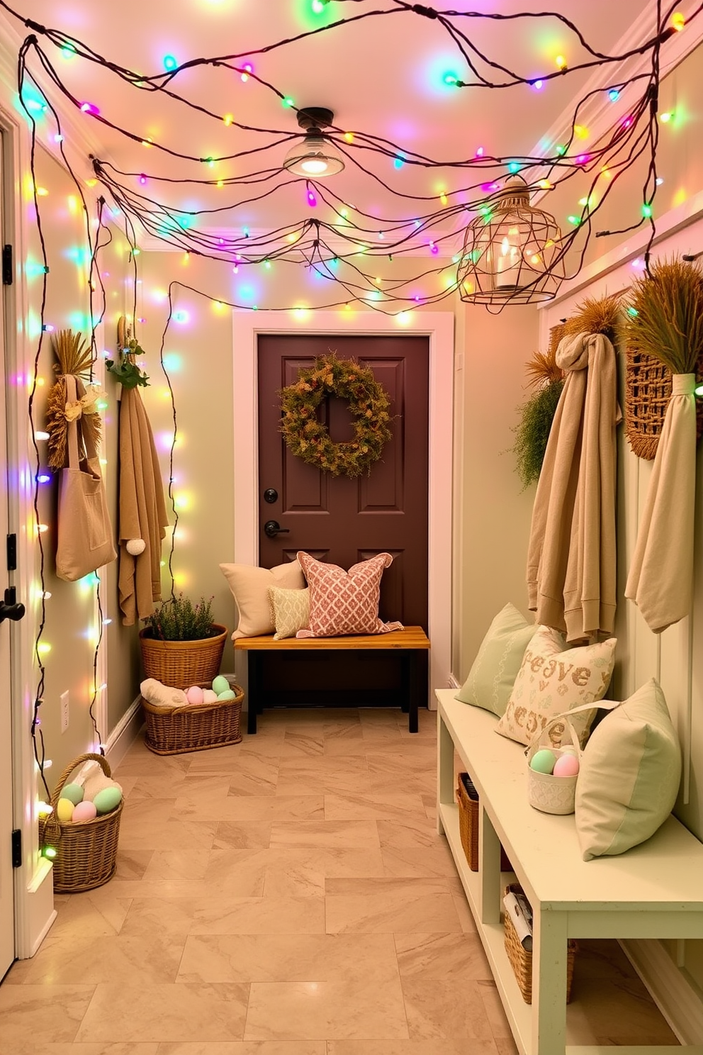 A vibrant mudroom filled with colorful string lights creating a festive ambiance. The walls are painted in a cheerful pastel shade, and the floor features a durable, textured tile for practicality. Easter decorations adorn the space, with a charming display of pastel-colored baskets filled with faux eggs. A cozy bench with seasonal throw pillows invites guests to sit and enjoy the festive atmosphere.