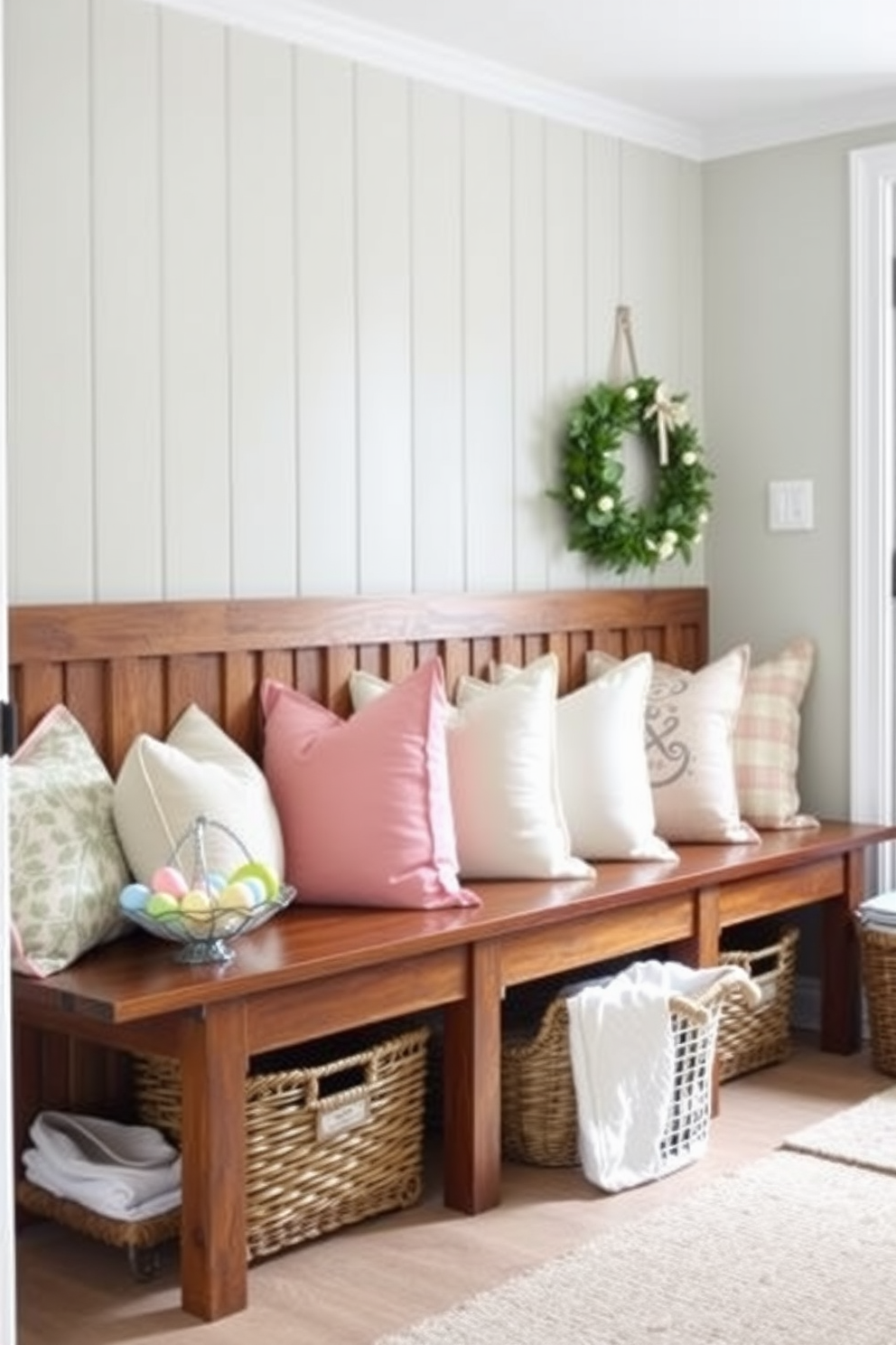 A cozy mudroom featuring a long wooden bench adorned with an array of pastel colored throw pillows. The space is enhanced with Easter decorations, including a charming wreath on the door and colorful eggs displayed in a decorative basket.