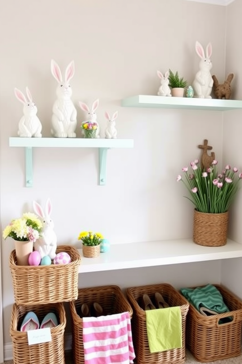 A charming mudroom decorated for Easter features a large vase filled with fresh tulips as the centerpiece on a rustic wooden bench. The walls are adorned with pastel-colored decorations and a cheerful wreath, while baskets for shoes and outdoor gear are neatly arranged nearby.